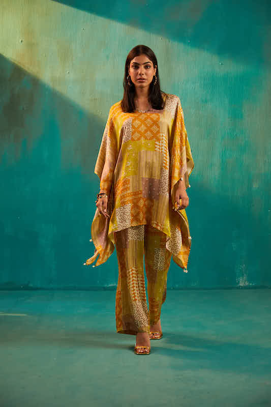 Yellow Printed Satin Kaftan Co-ord Set
