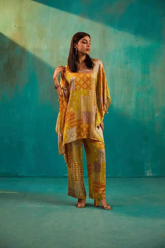 Yellow Printed Satin Kaftan Co-ord Set