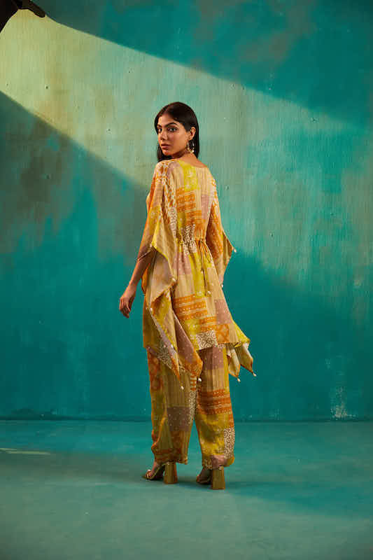 Yellow Printed Satin Kaftan Co-ord Set