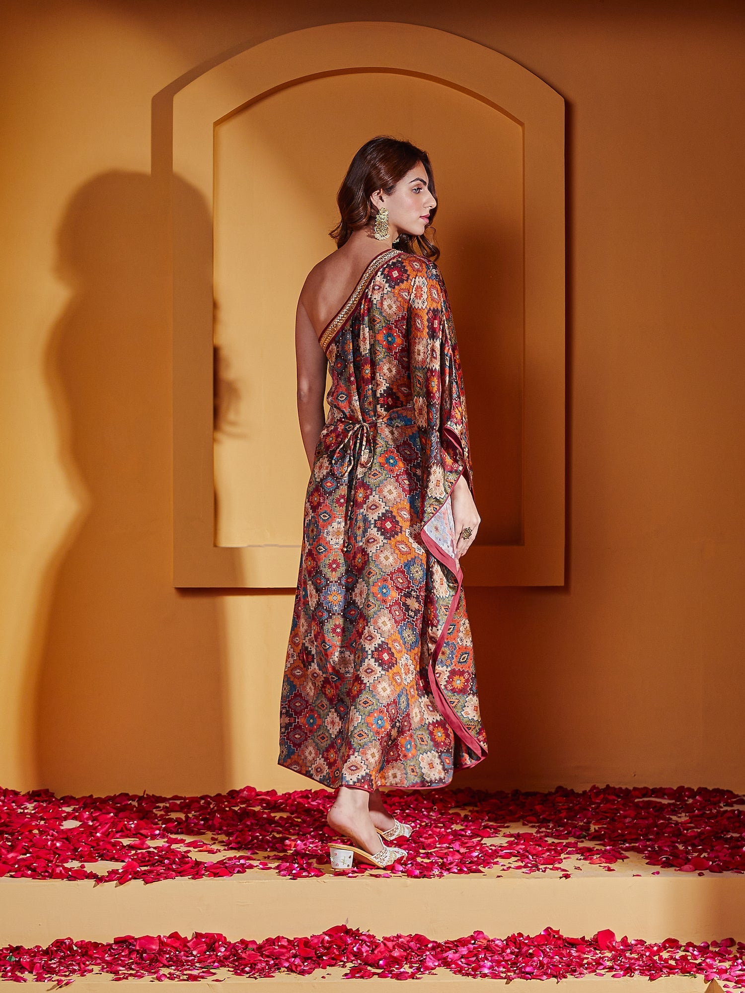 Rust Abstract Print Off Shoulder Kaftan Dress