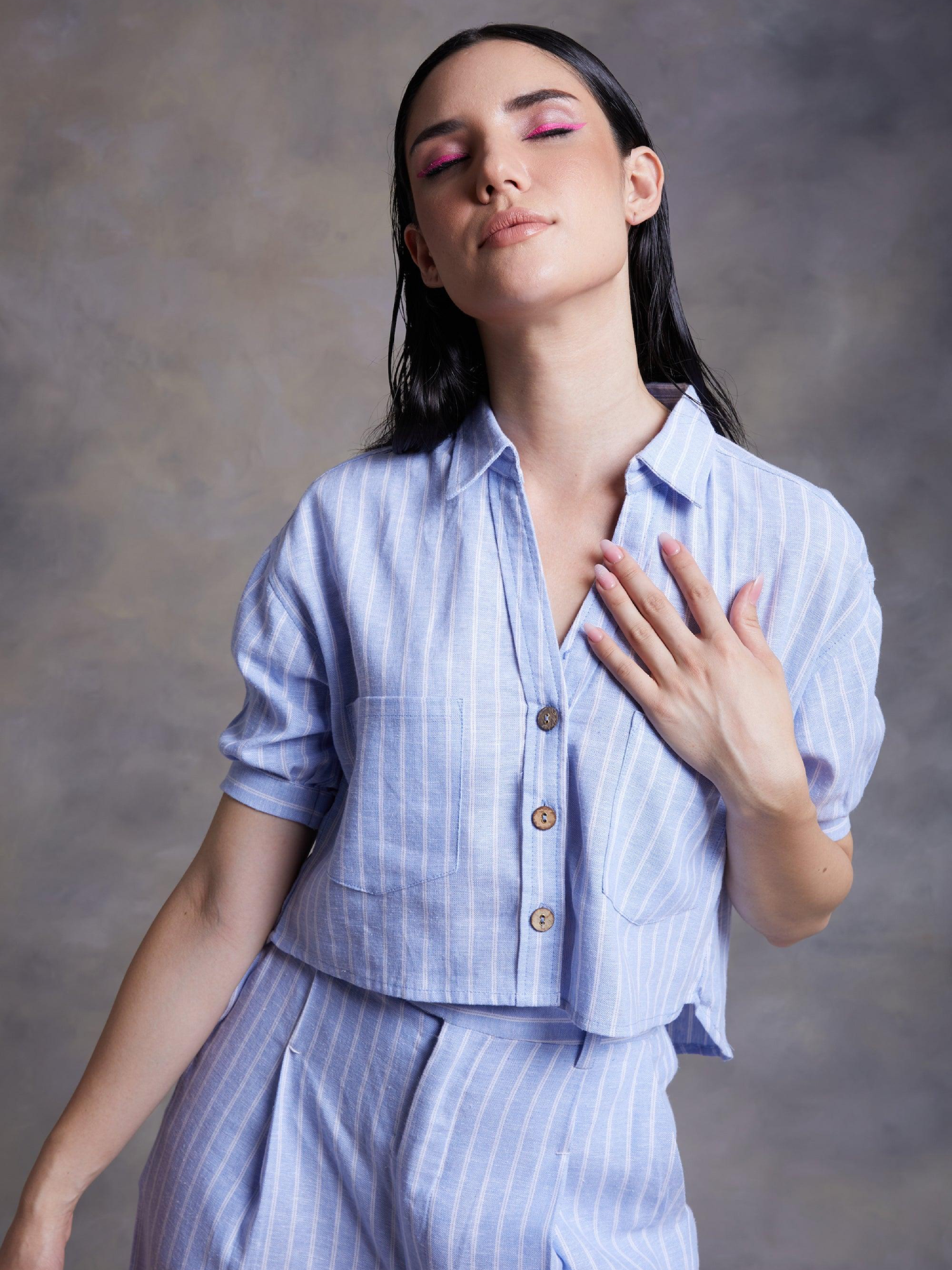Sky Blue Pinstripe Linen Crop Top