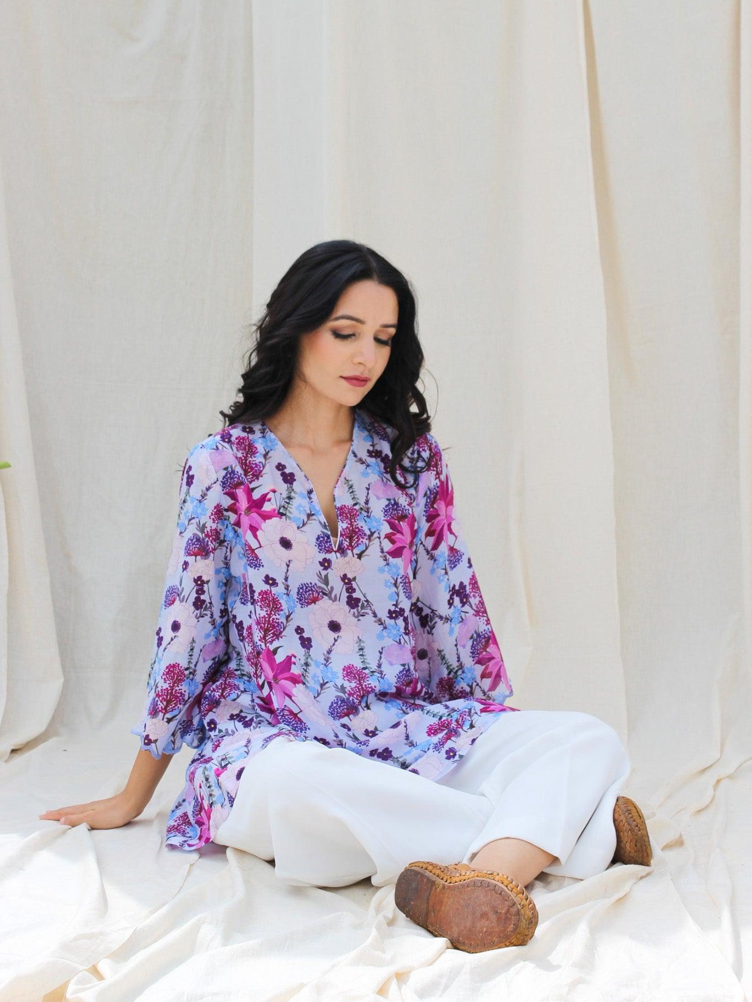 Lilac Floral Cotton Silk Kurta