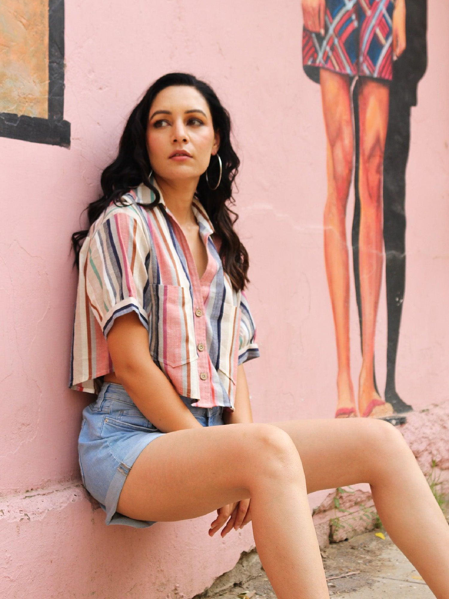 Ecru Stripes Linen Crop Top