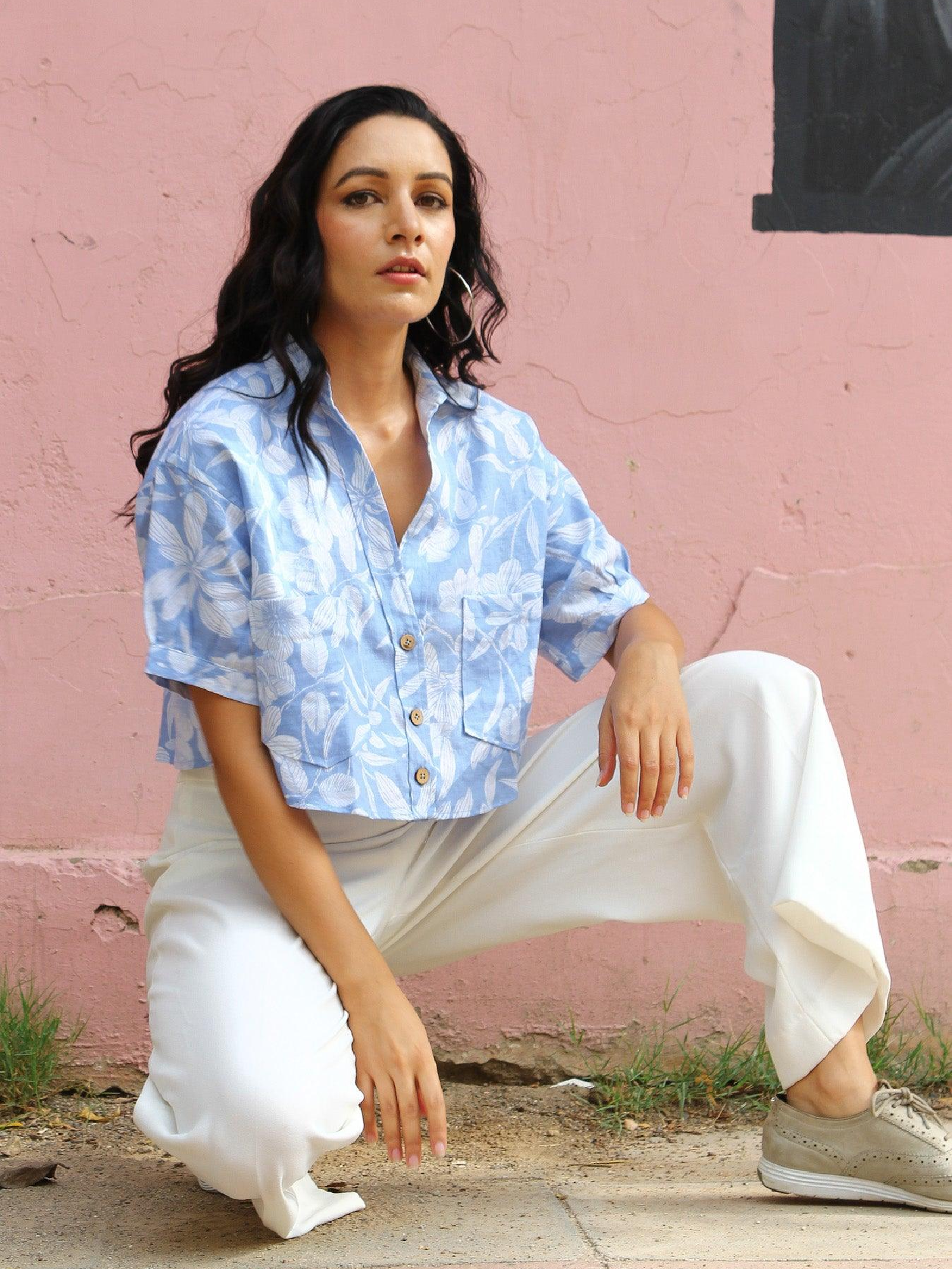 Sky Blue Floral Linen Crop Top