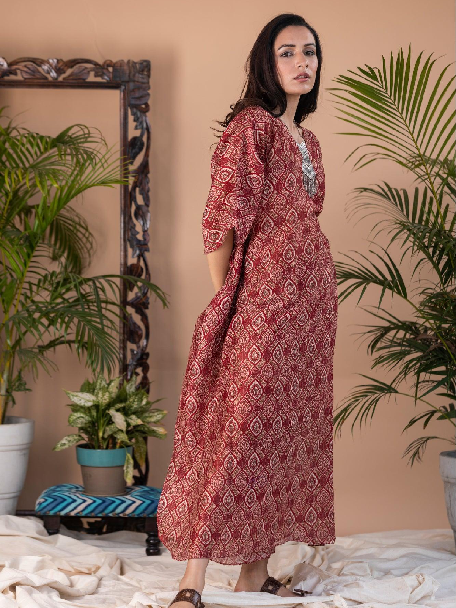 Kaner - Red Ajrakh Block Print Long Kaftan