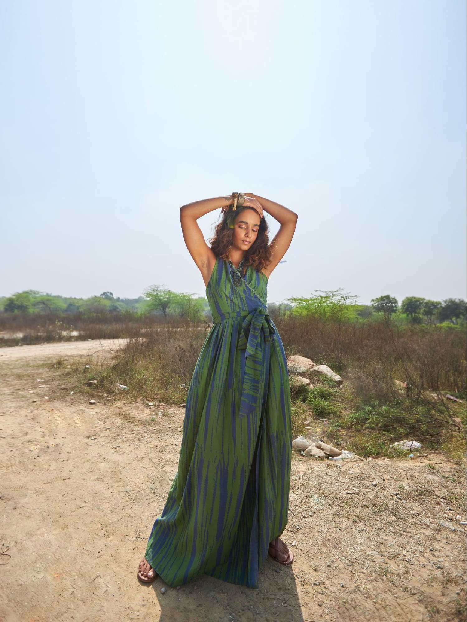 Kaya - Olive green and Indigo Tie dye Long Wrap Dress