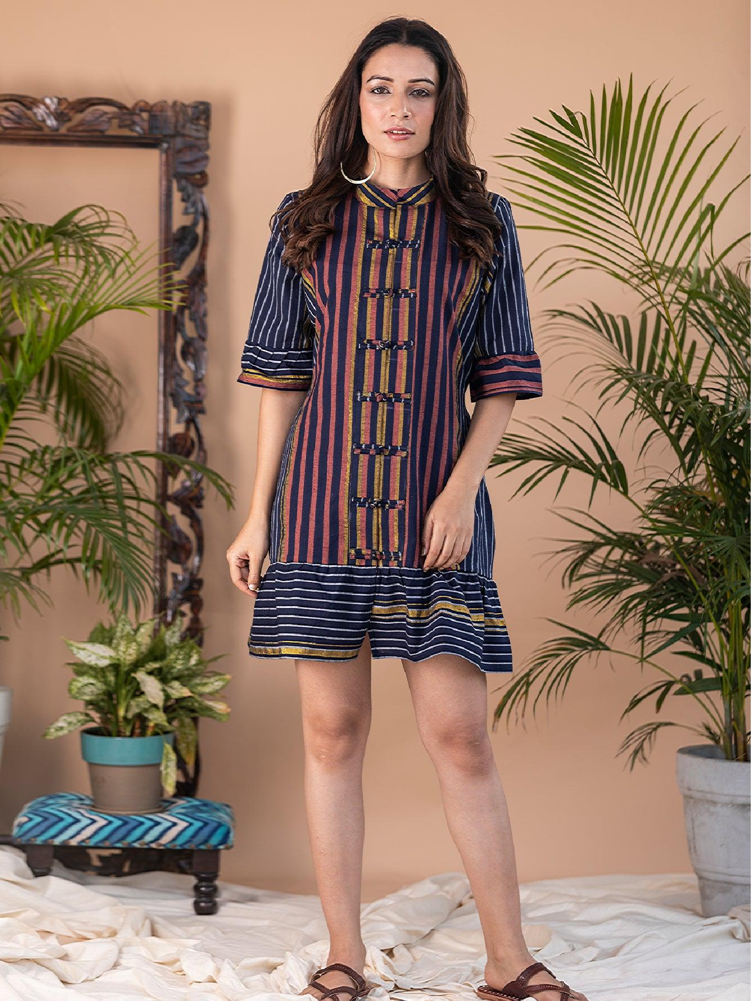 Kaira Navy Blue/ Peach Stripes Mandarin Collar Dress