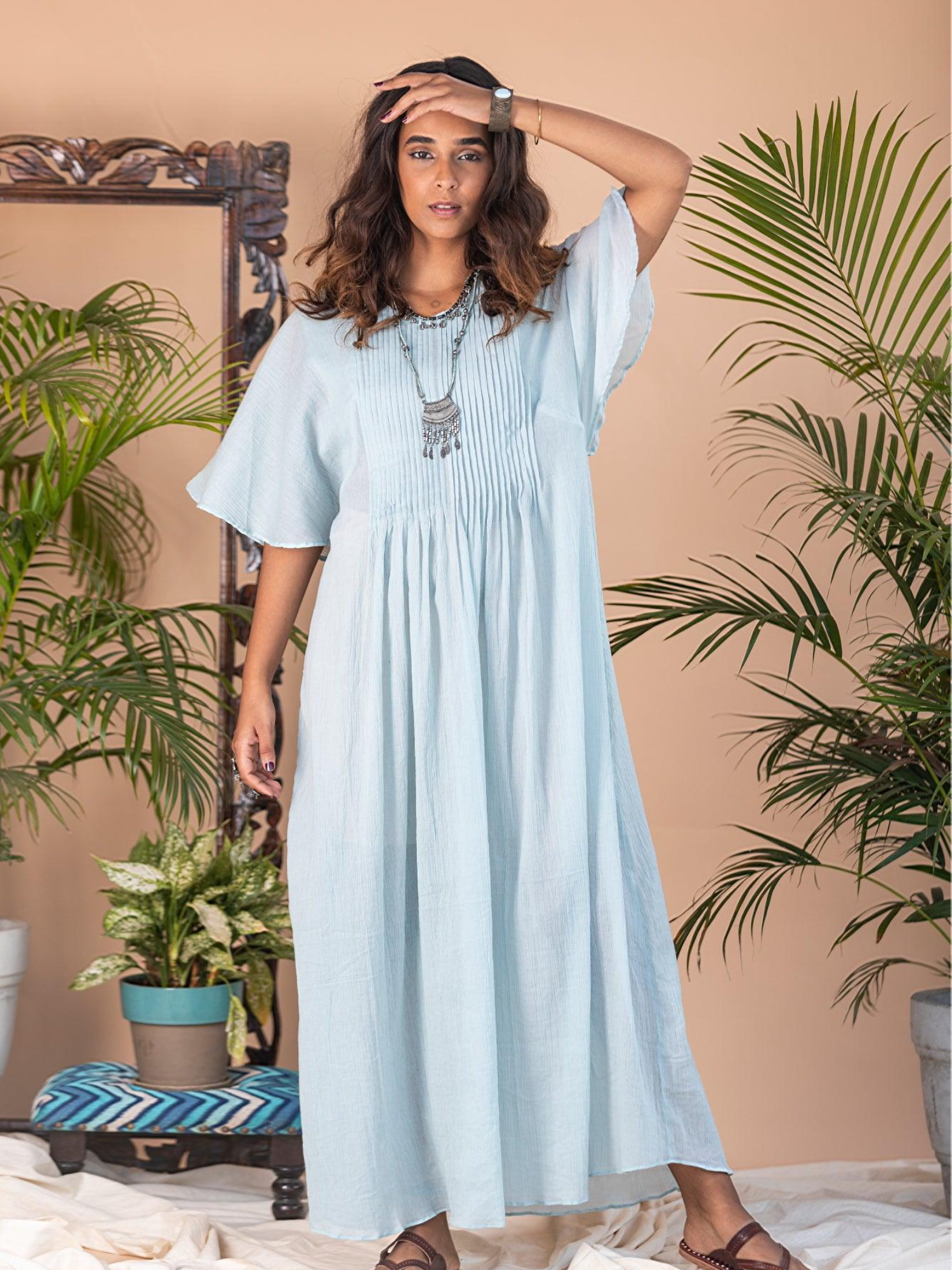 Aqua Pintuck Kaftan Dress