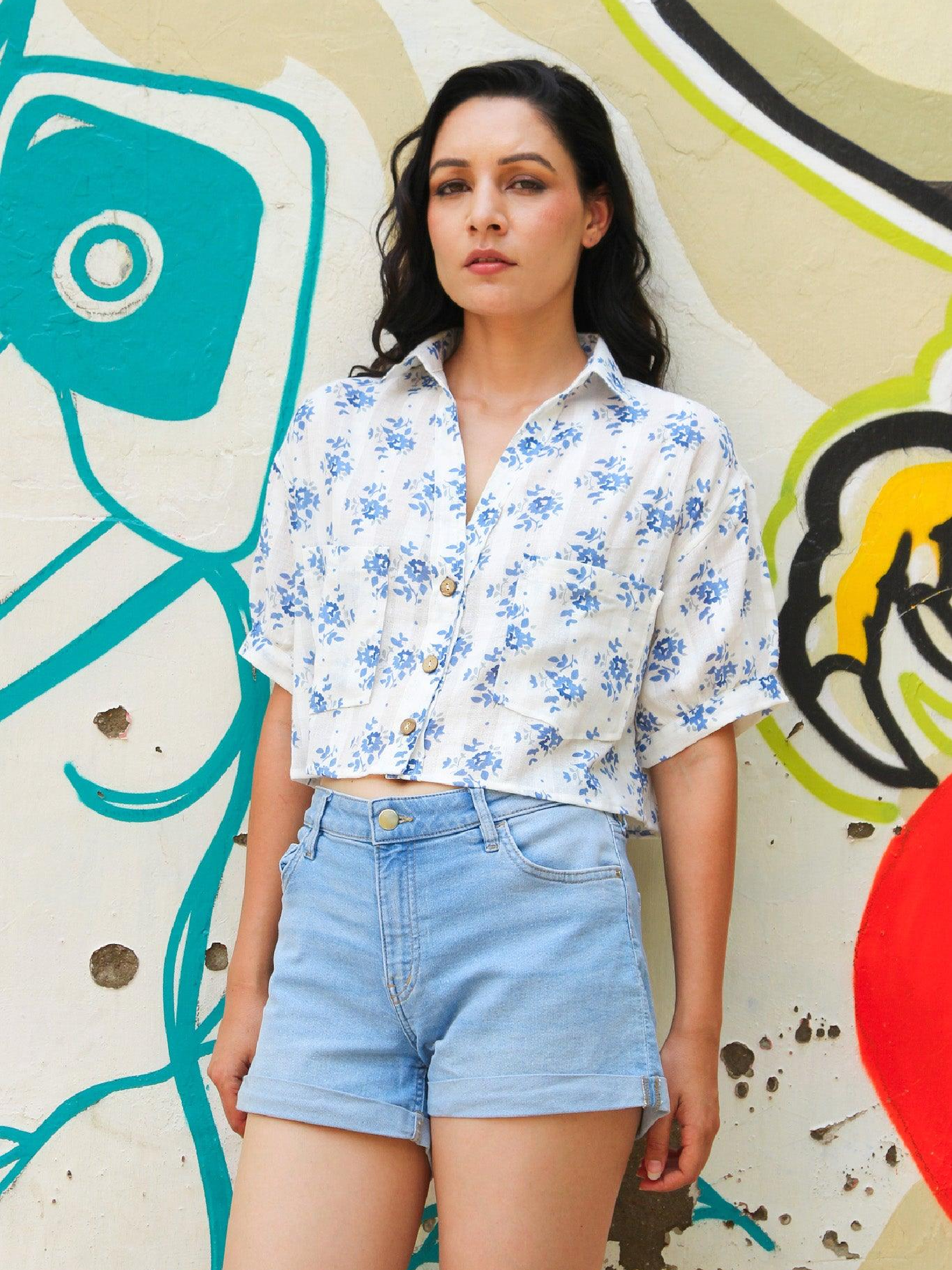Ivory Floral Linen Crop Top