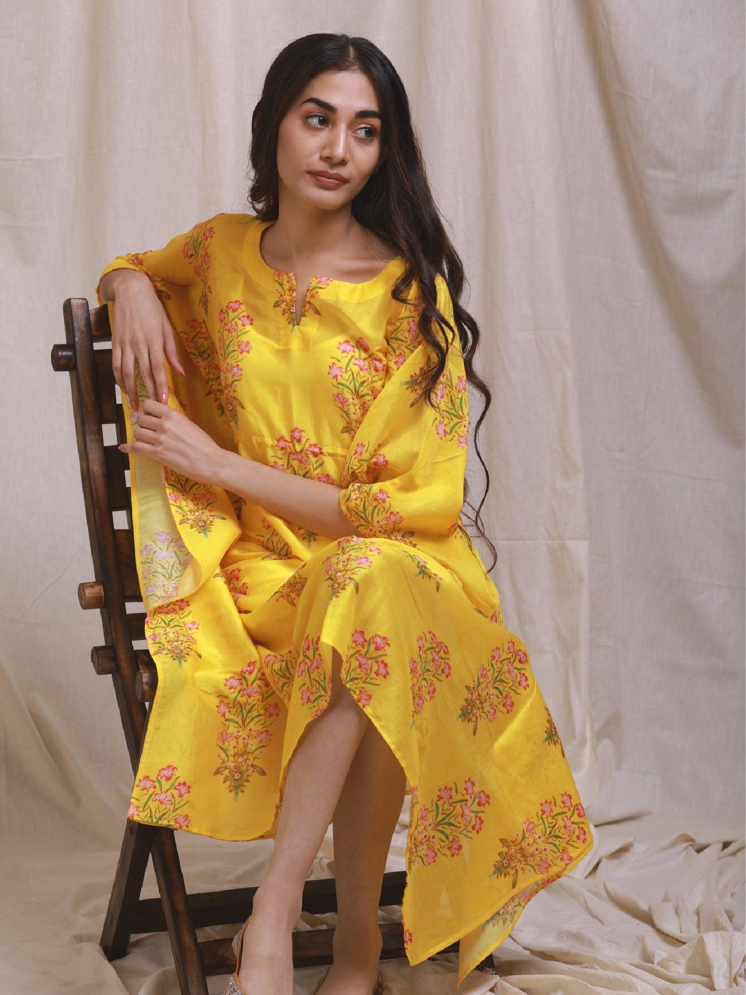 Yellow Block Style Chanderi Kaftan