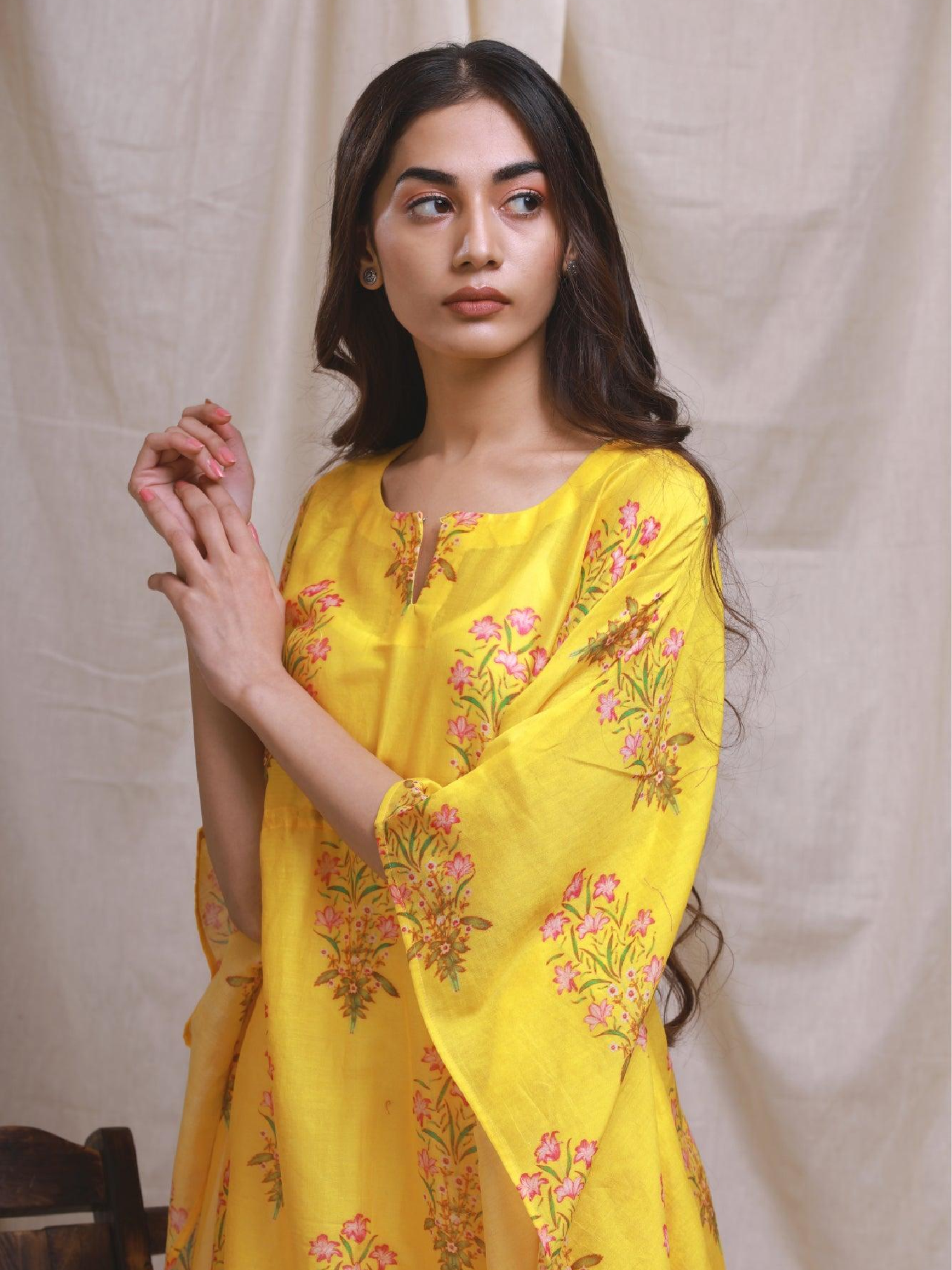 Yellow Block Style Chanderi Kaftan