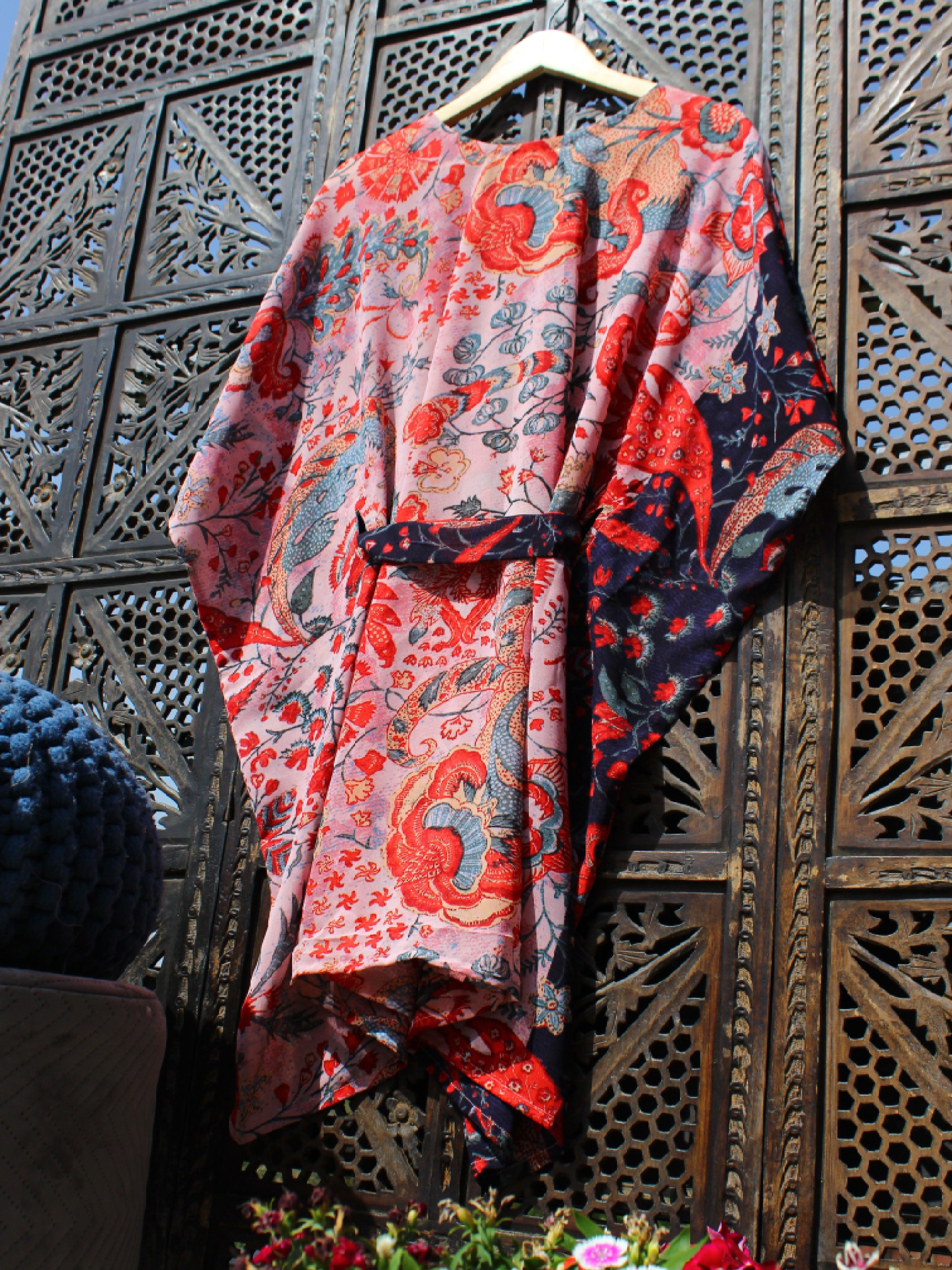 Rose Pink Floral Chiffon Kaftan Dress