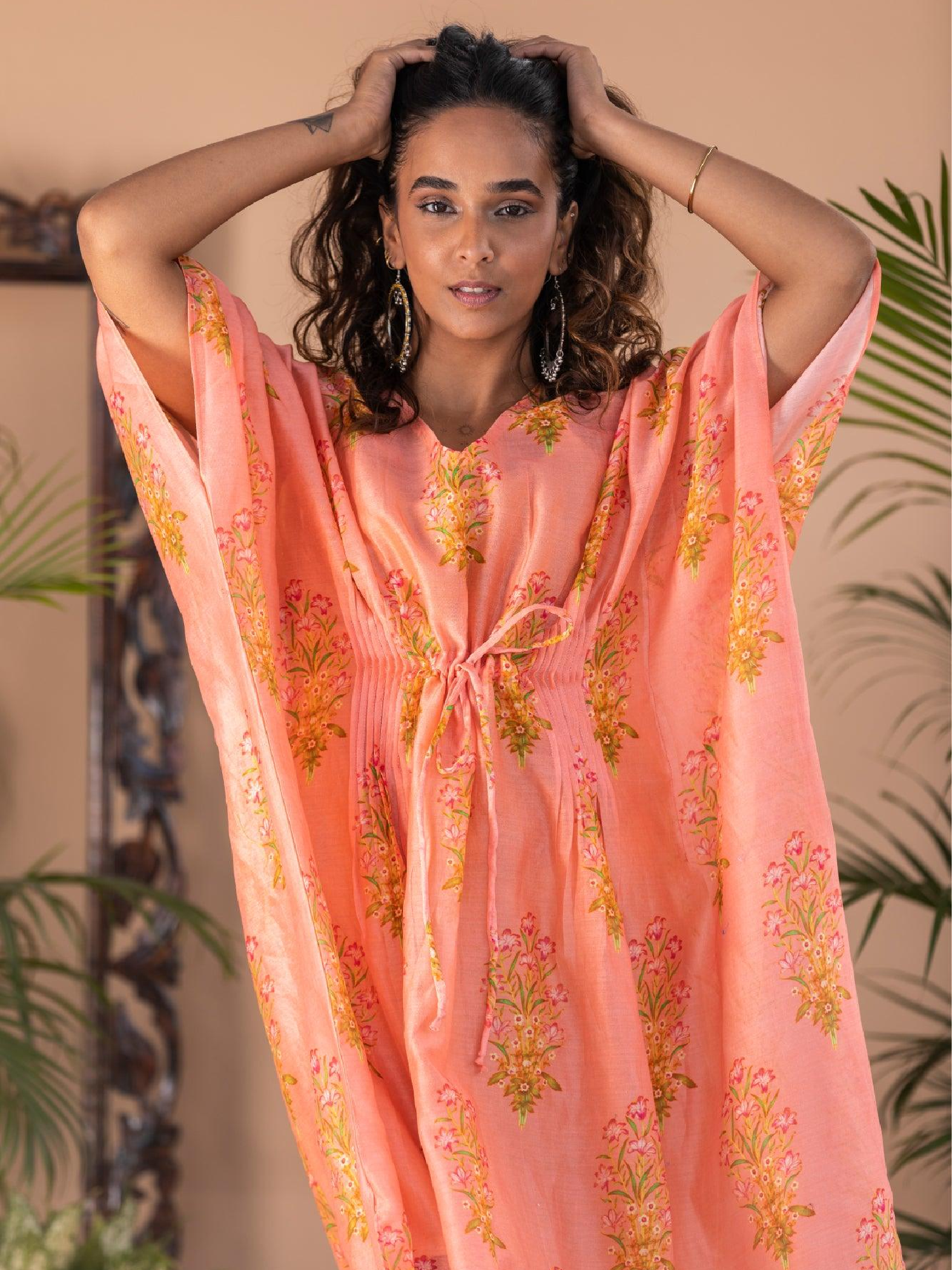 Malati - Peach Block Print Pintuck Kaftan