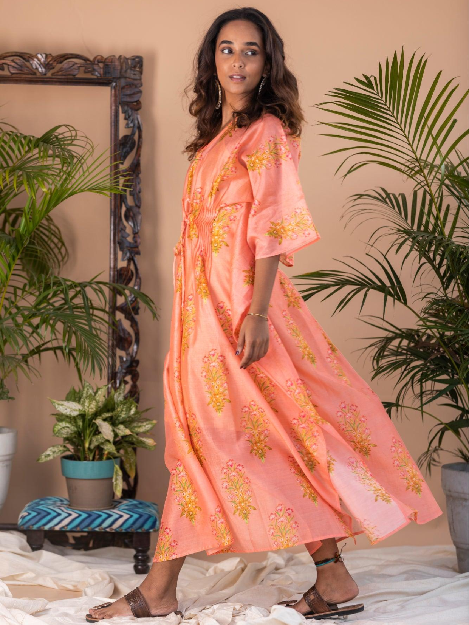 Malati - Peach Block Print Pintuck Kaftan