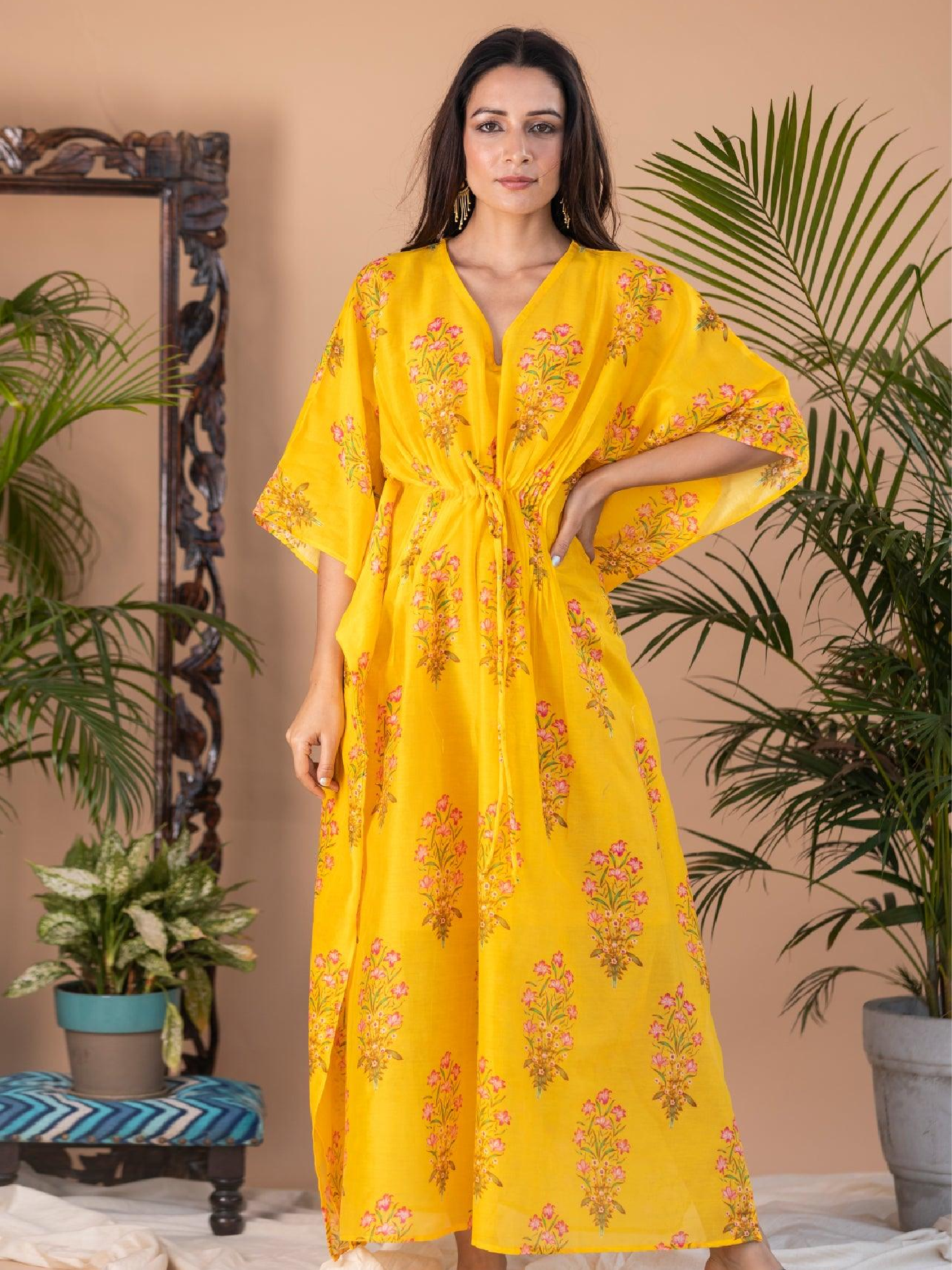 Liba - Yellow Block Print Pintuck Kaftan