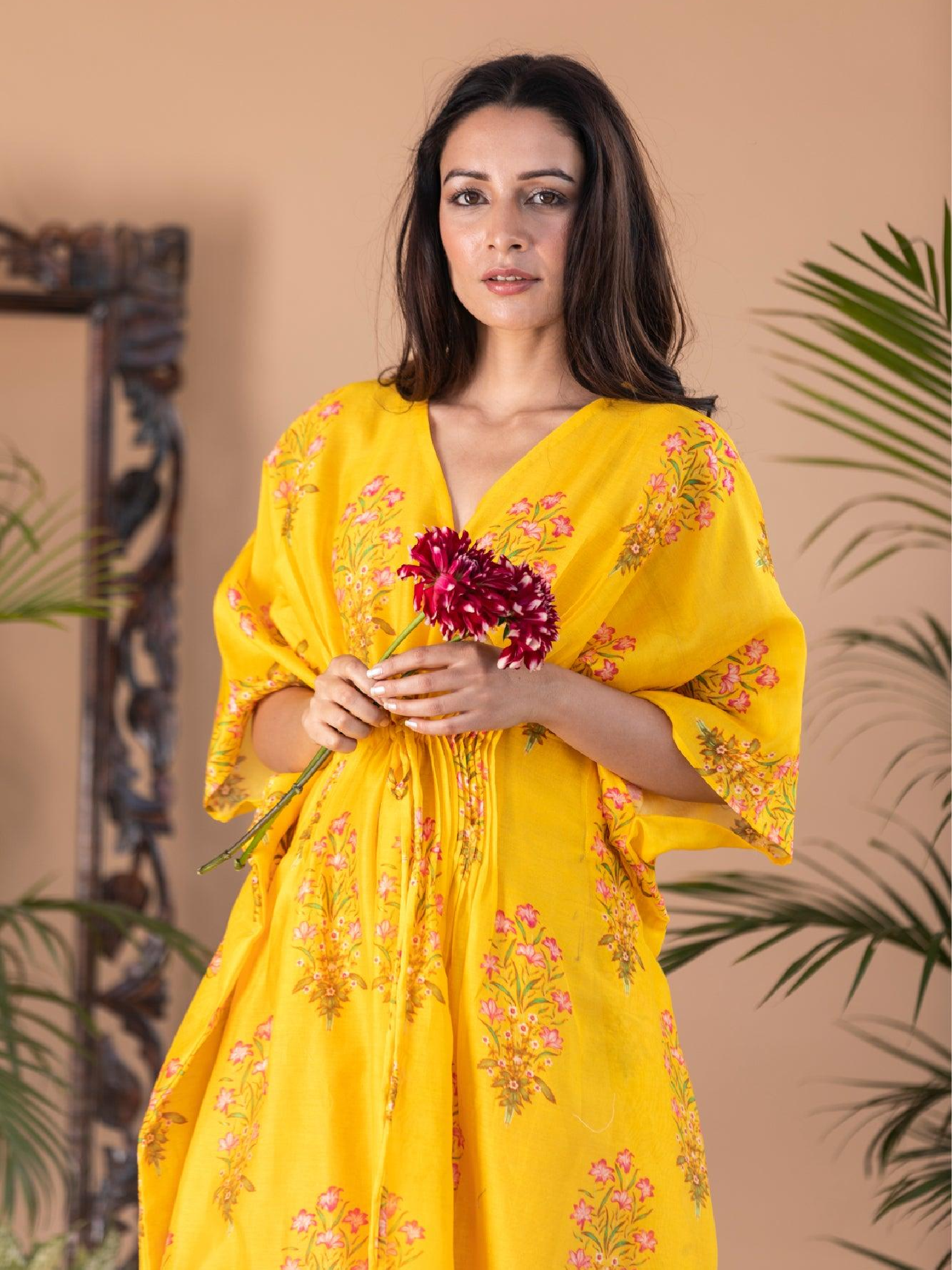 Liba - Yellow Block Print Pintuck Kaftan