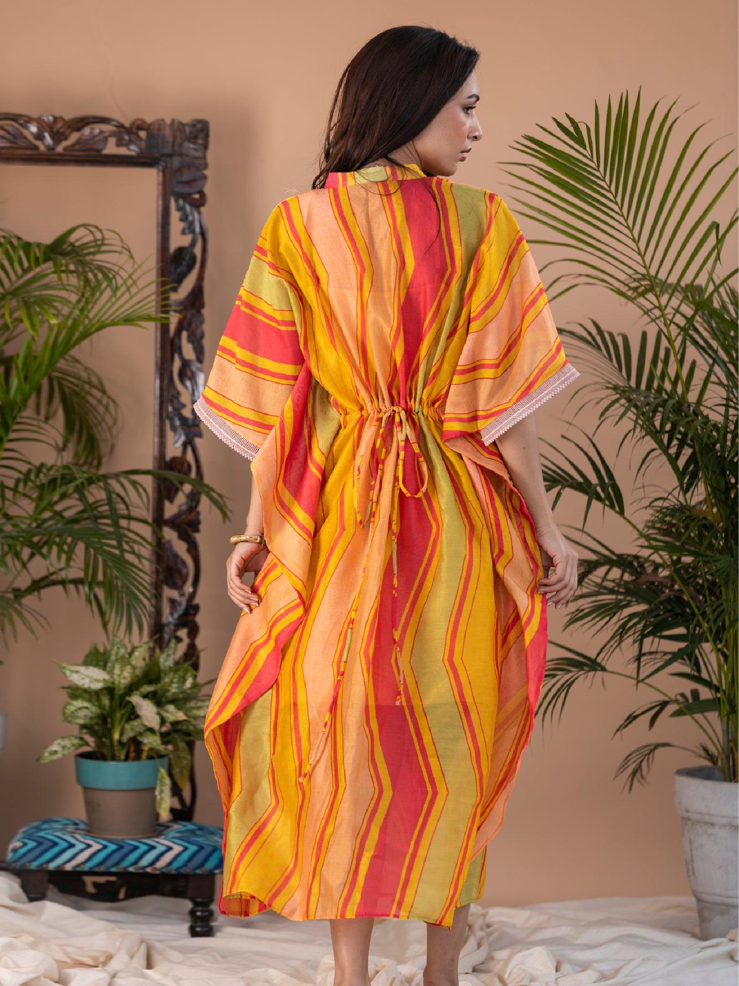 Adira Geometric Print Chanderi Button Kaftan Dress