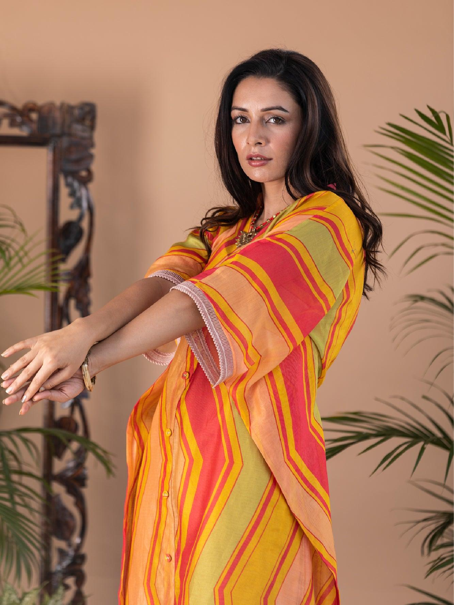 Adira Geometric Print Chanderi Button Kaftan Dress
