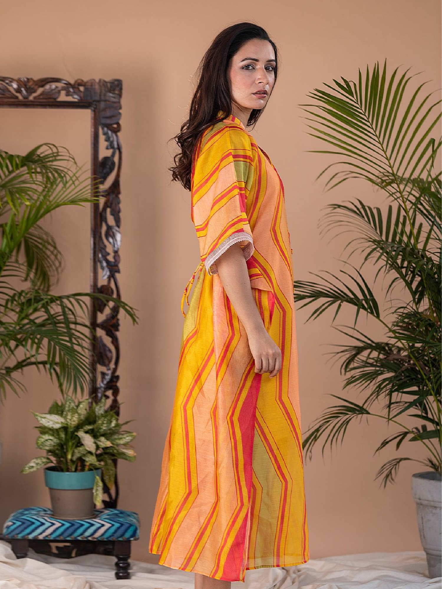 Adira Geometric Print Chanderi Button Kaftan Dress