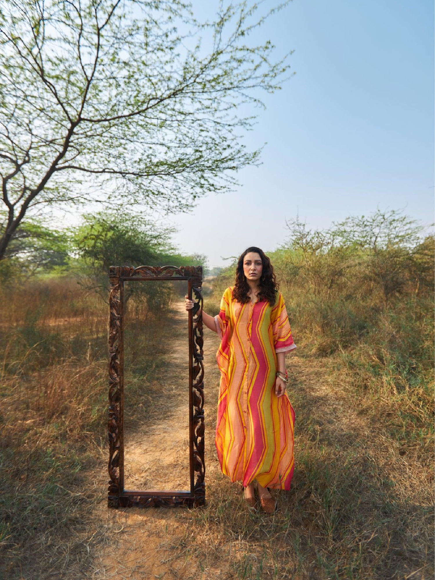 Adira Geometric Print Chanderi Button Kaftan Dress