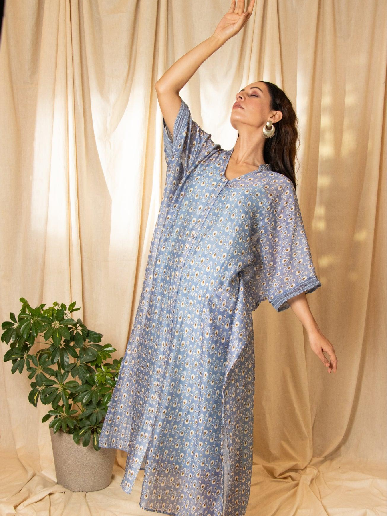 Reva - Chaber Print Long Button Kaftan