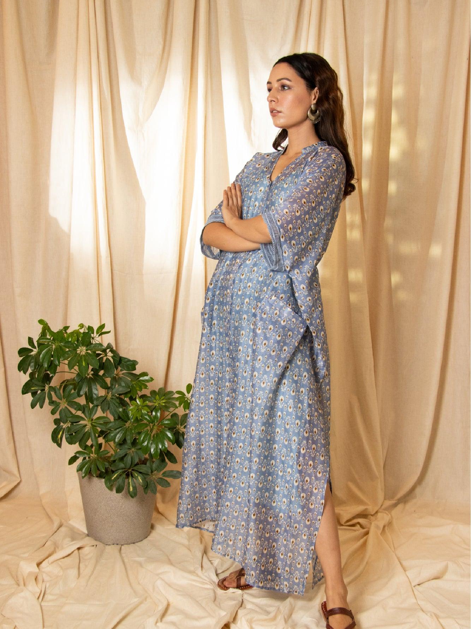 Reva - Chaber Print Long Button Kaftan