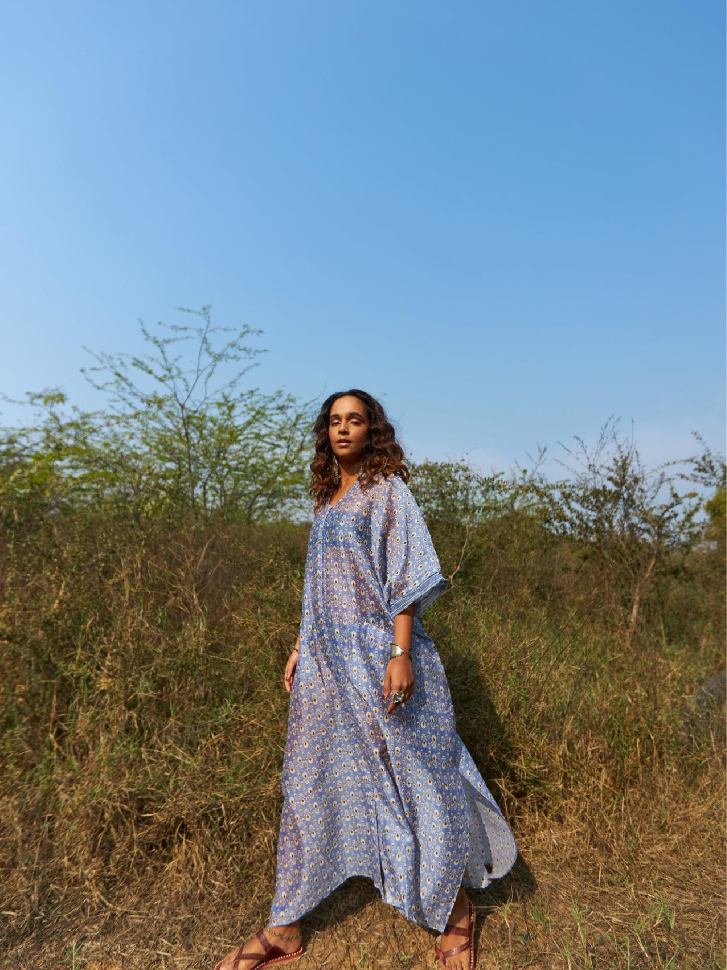 Reva - Chaber Print Long Button Kaftan
