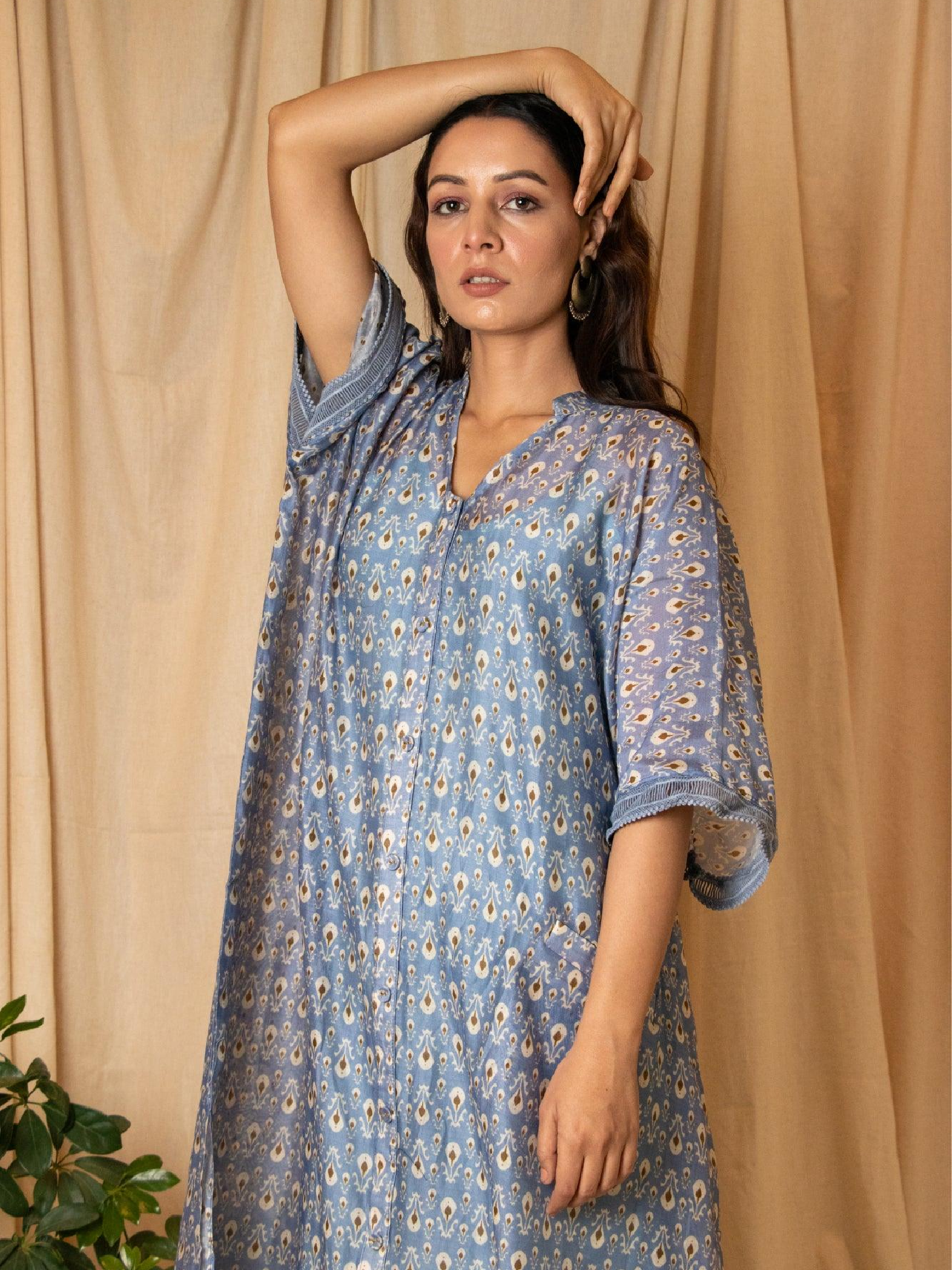 Reva - Chaber Print Long Button Kaftan