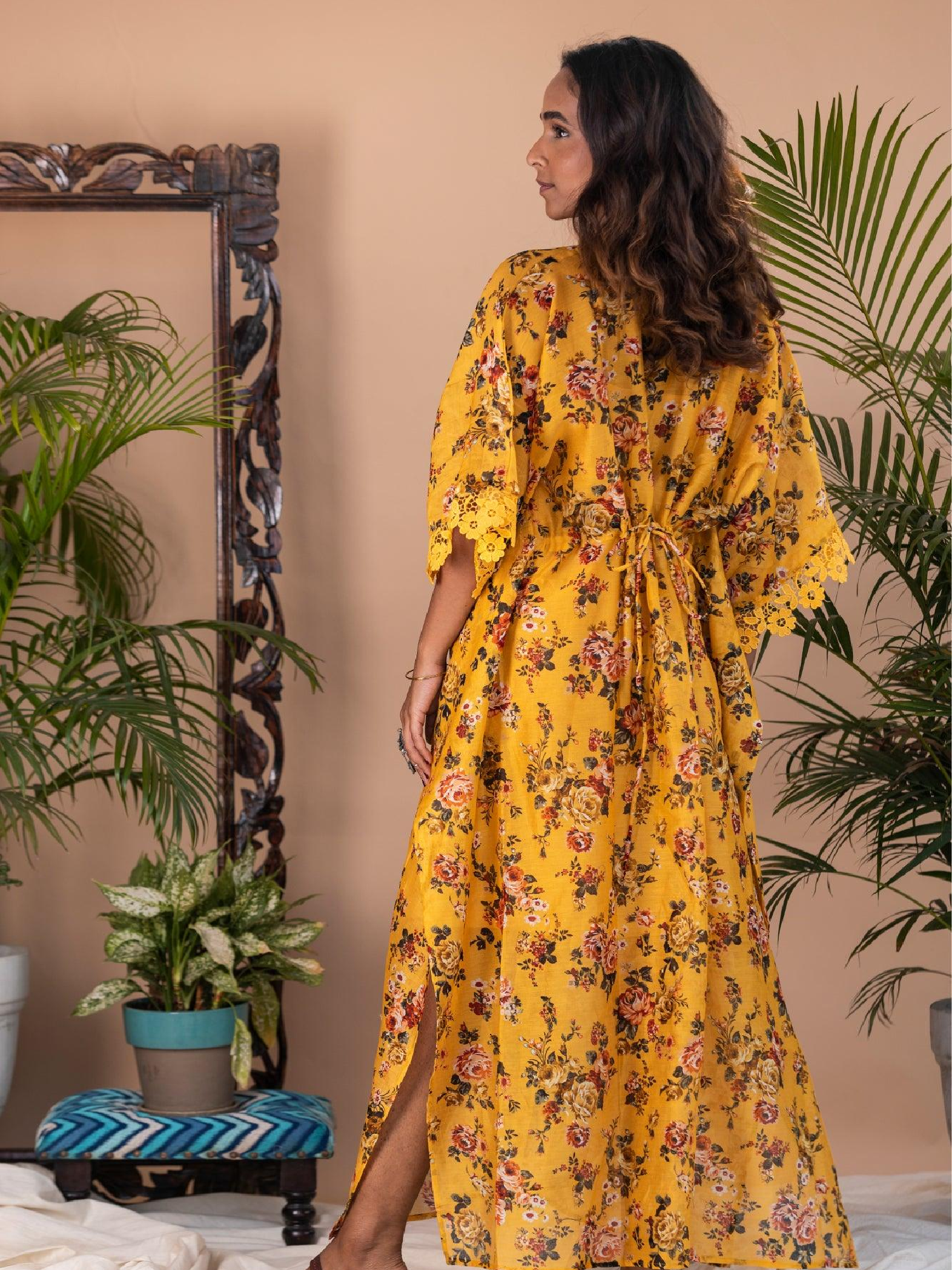 Tazkia - Yellow Floral Button Long Kaftan