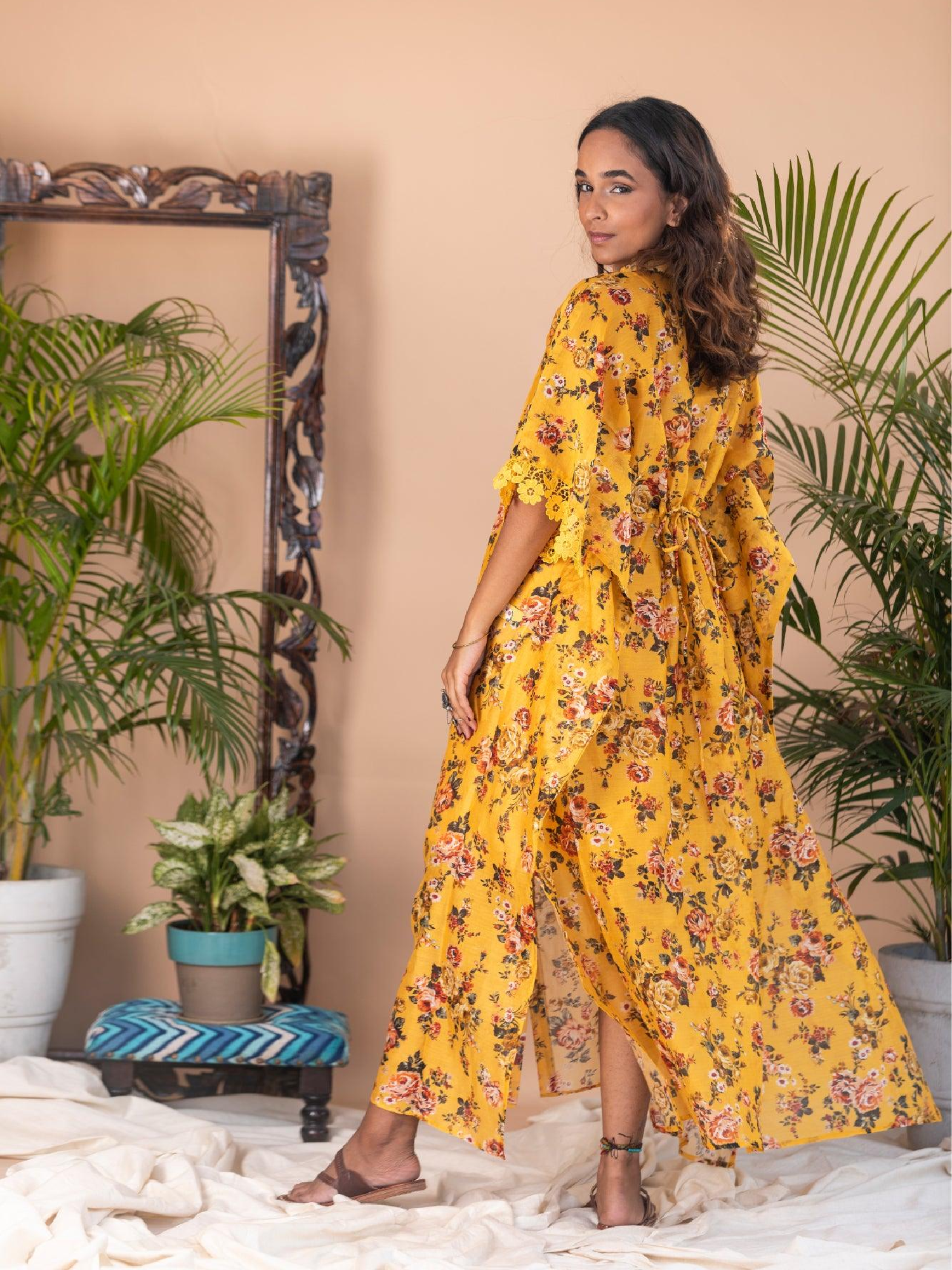 Tazkia - Yellow Floral Button Long Kaftan