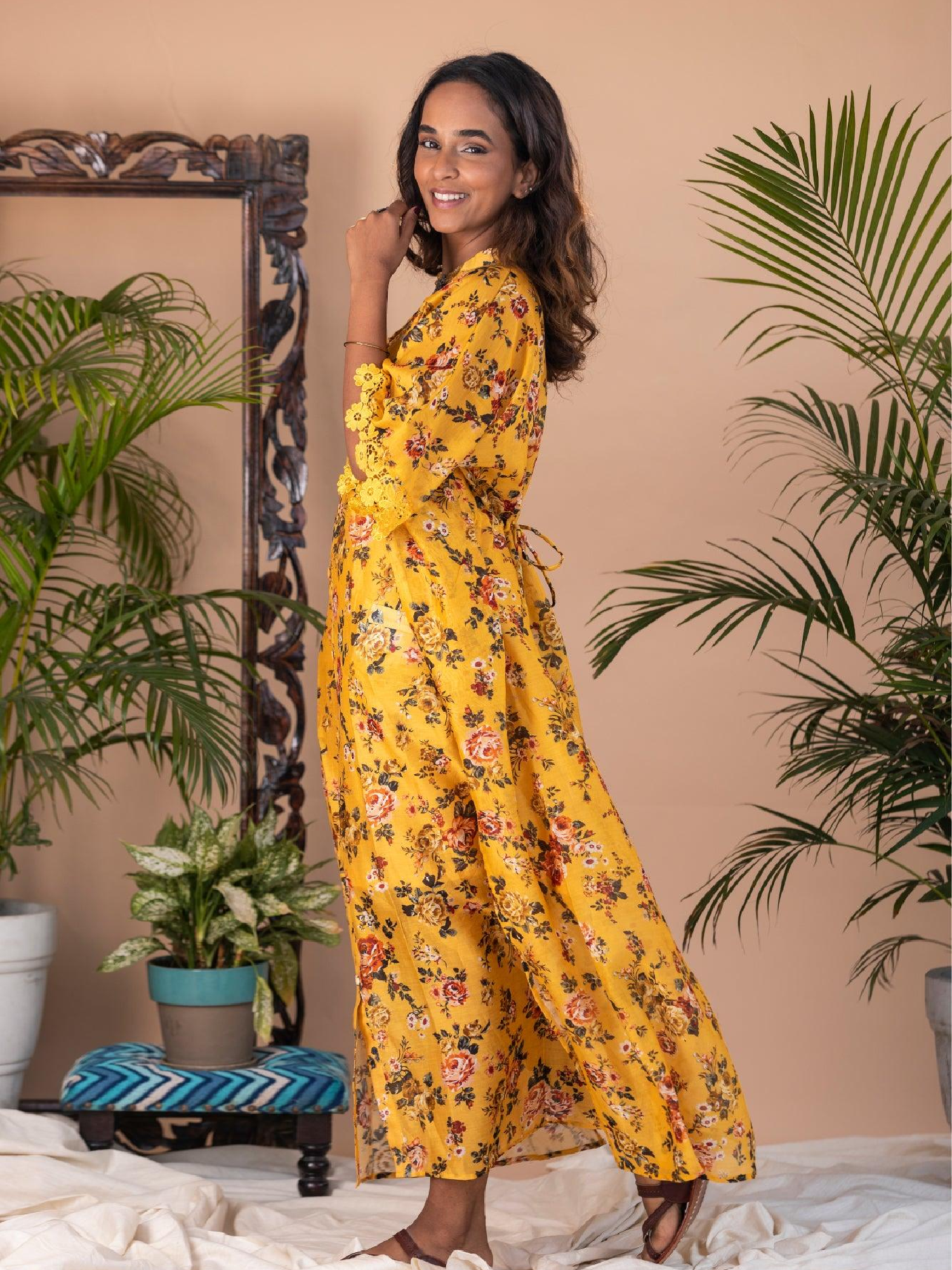 Tazkia - Yellow Floral Button Long Kaftan