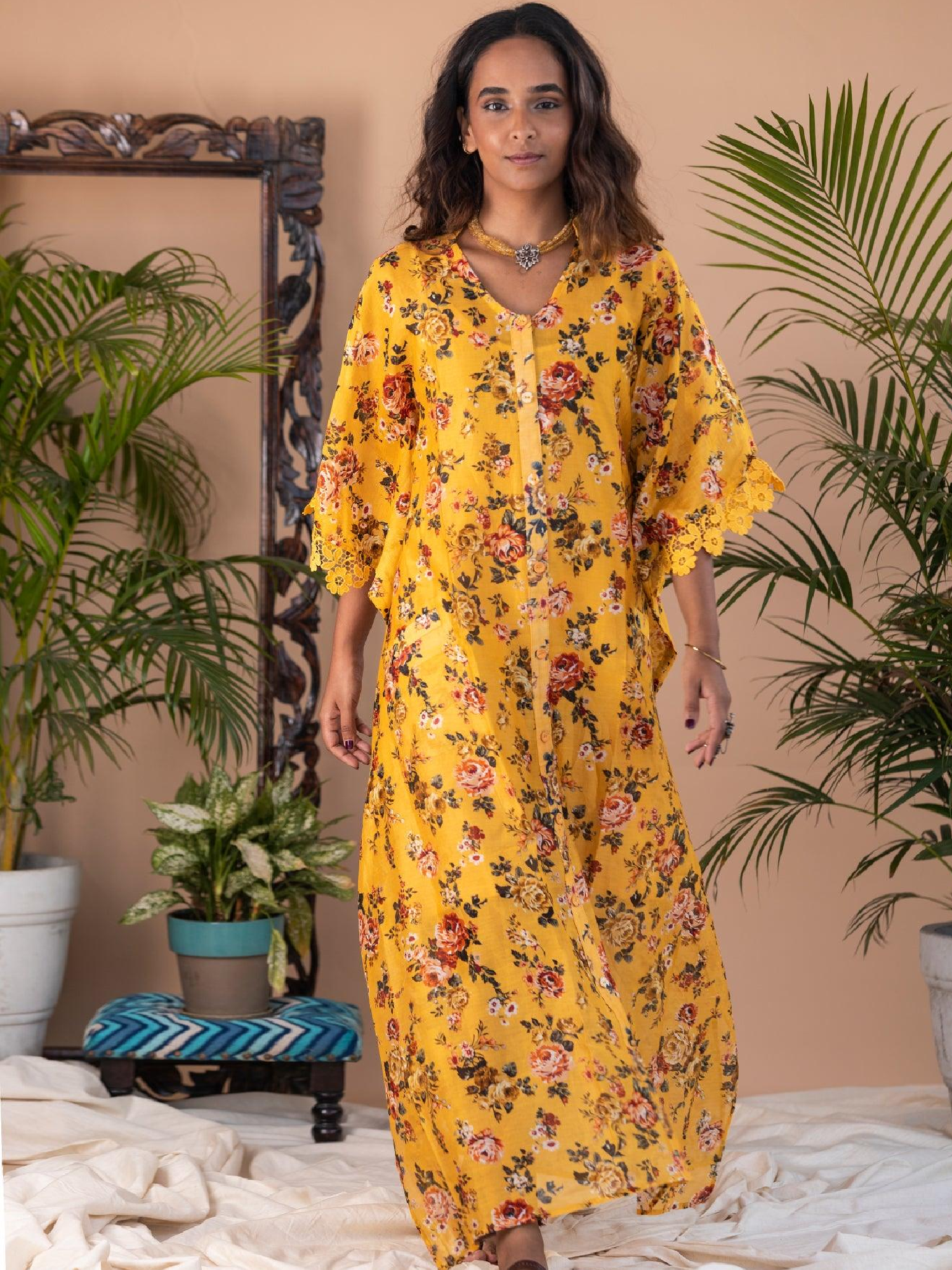 Tazkia - Yellow Floral Button Long Kaftan