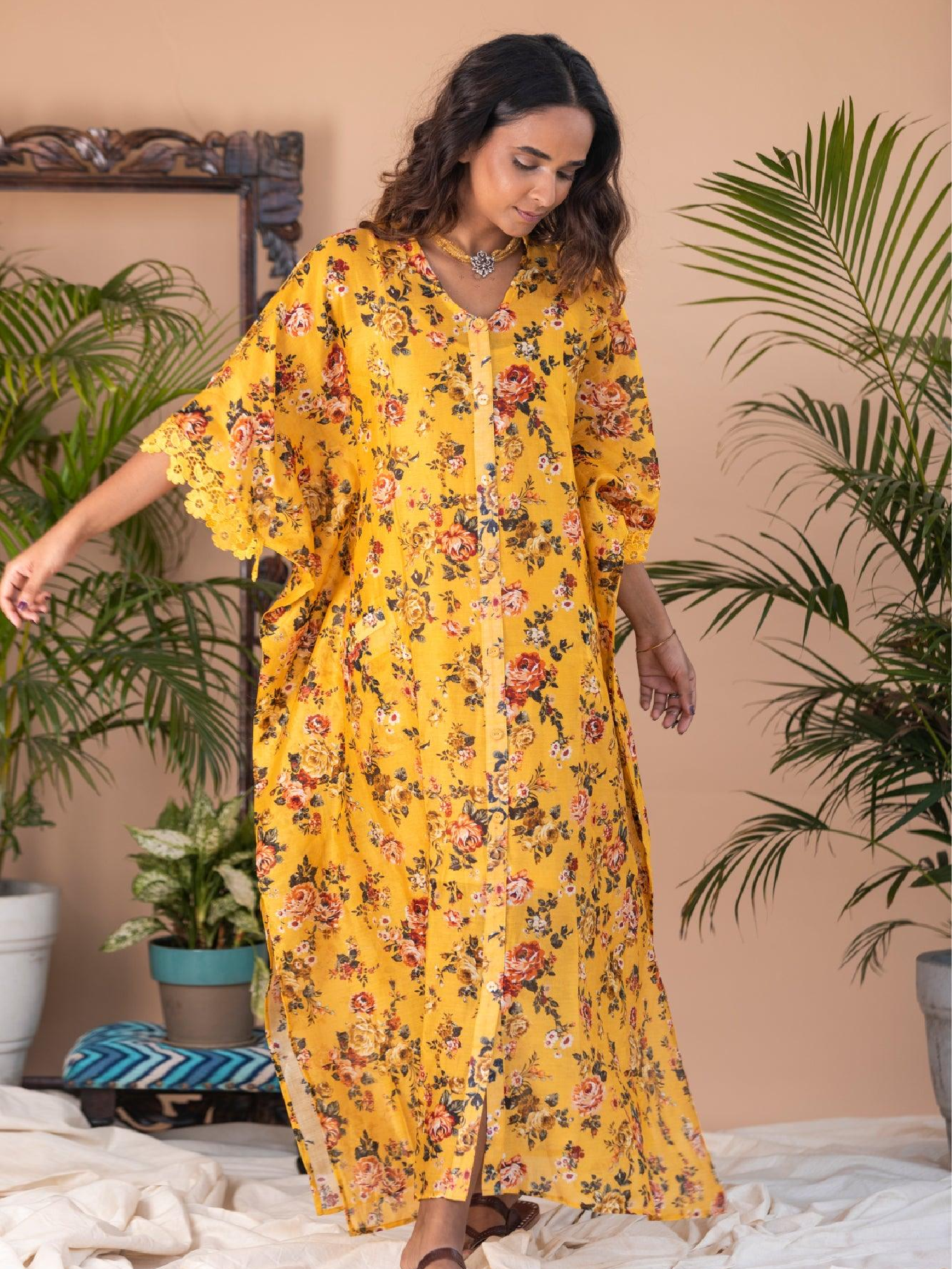 Tazkia - Yellow Floral Button Long Kaftan
