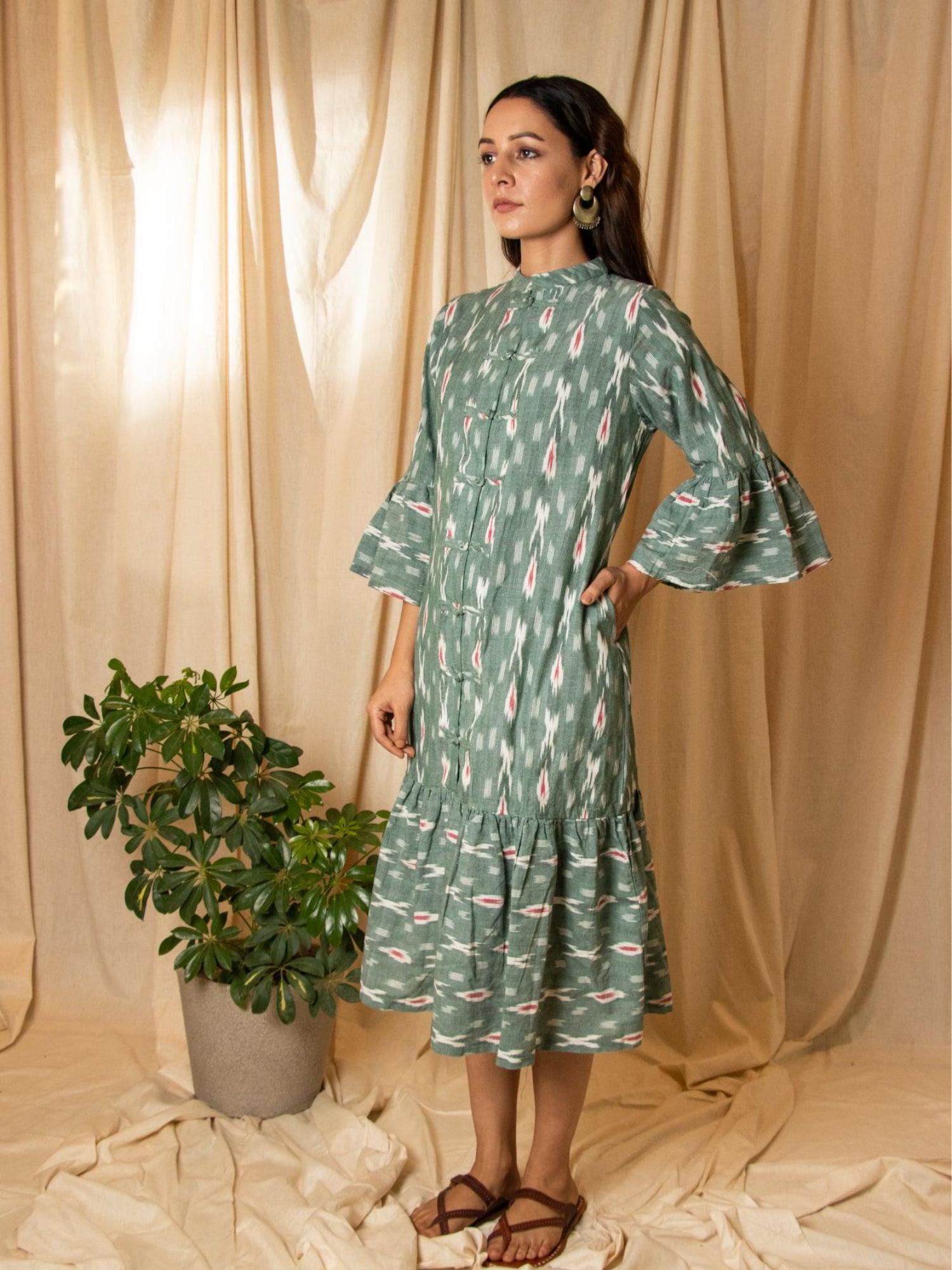 Buy Sage Green Ikat Dress Online at ShopKapaas Buy Sage Green Ikat Dress Online at ShopKapaas