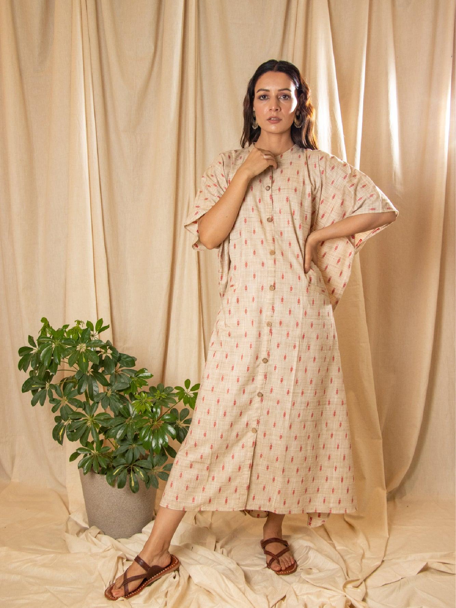 Beige Woven Kaftan Dress