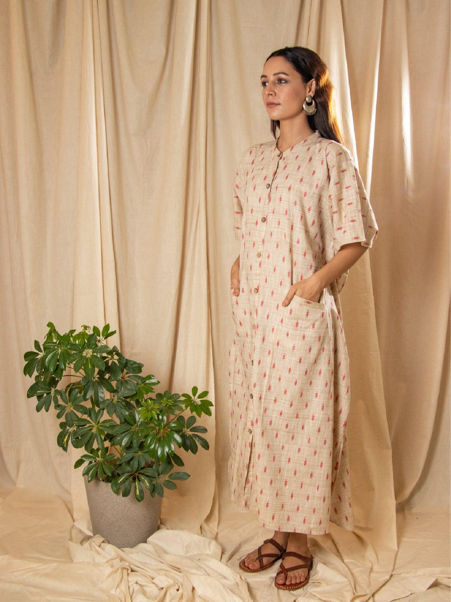 Beige Woven Kaftan Dress