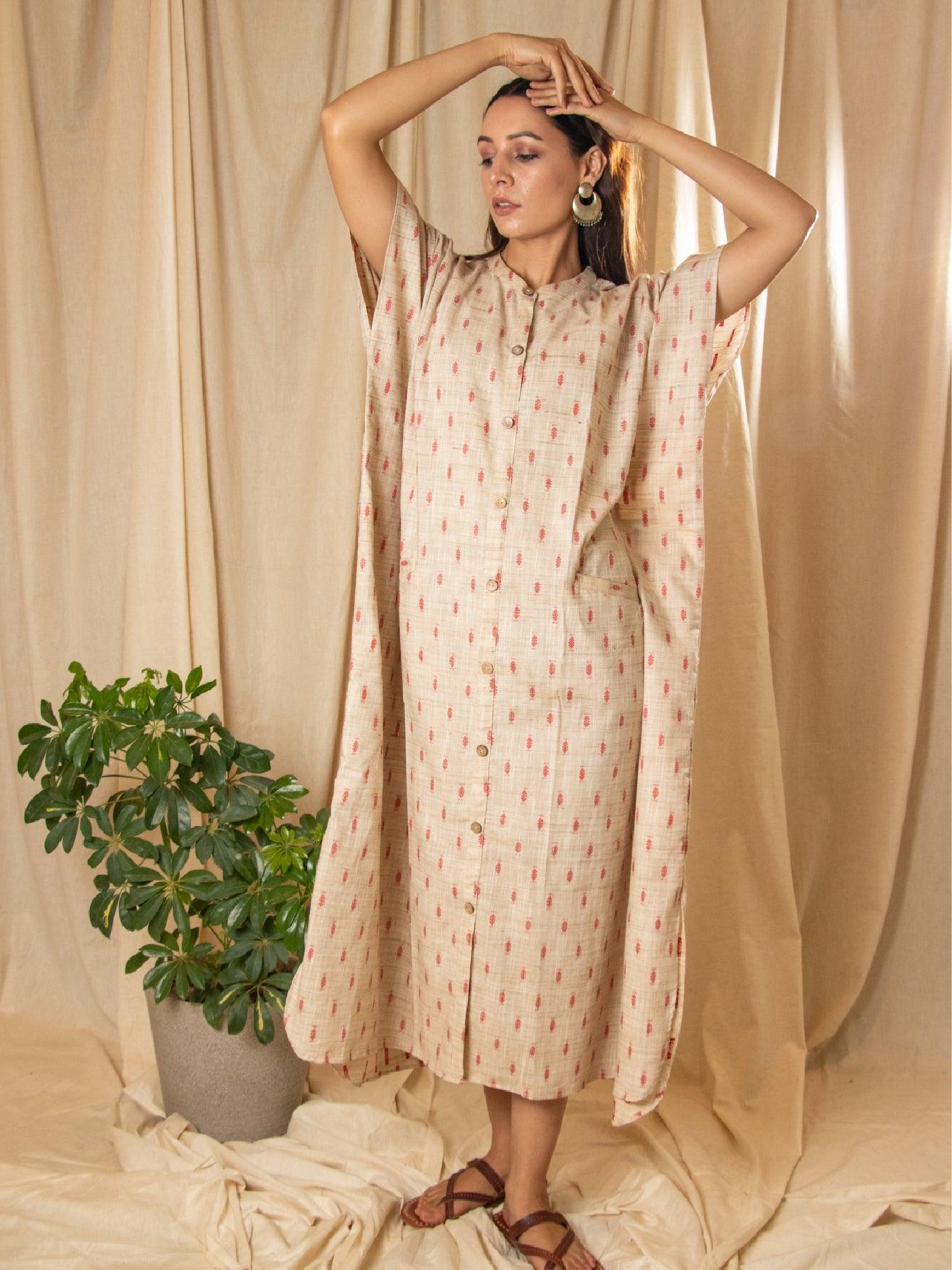 Beige Woven Kaftan Dress
