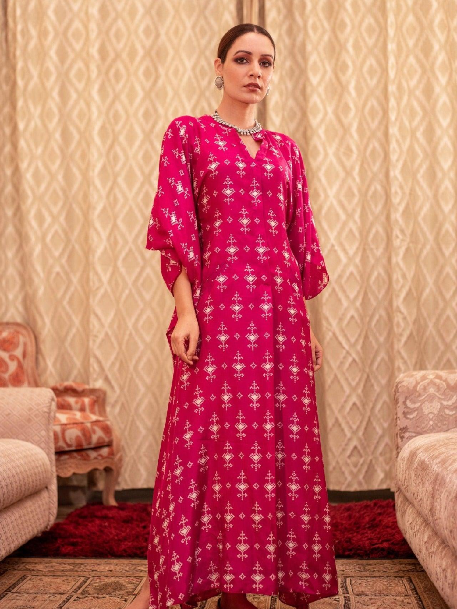 Fuchsia Cotton Silk Box Pleat Kaftan Dress