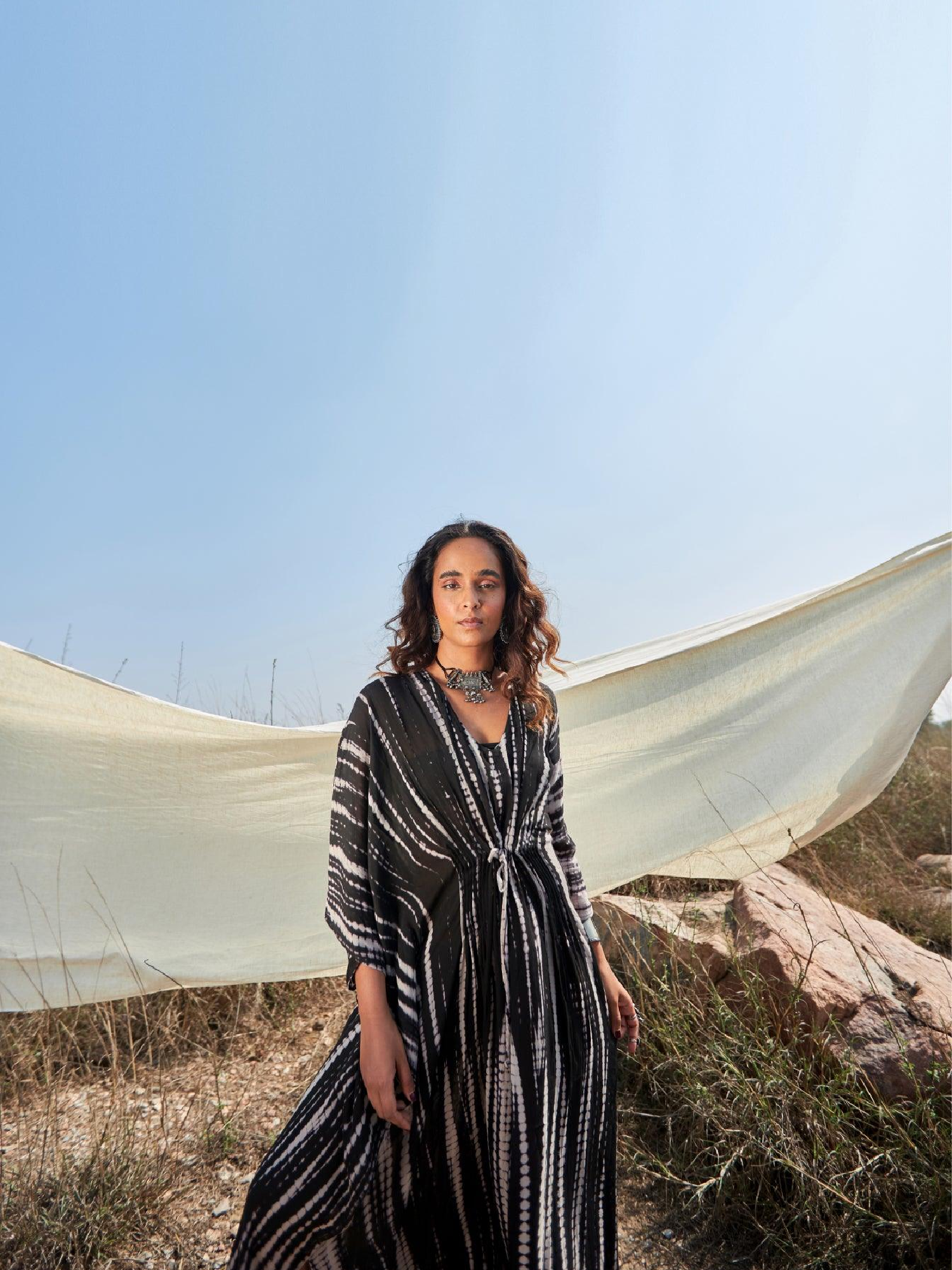 Black Tie and Dye Pintuck Kaftan