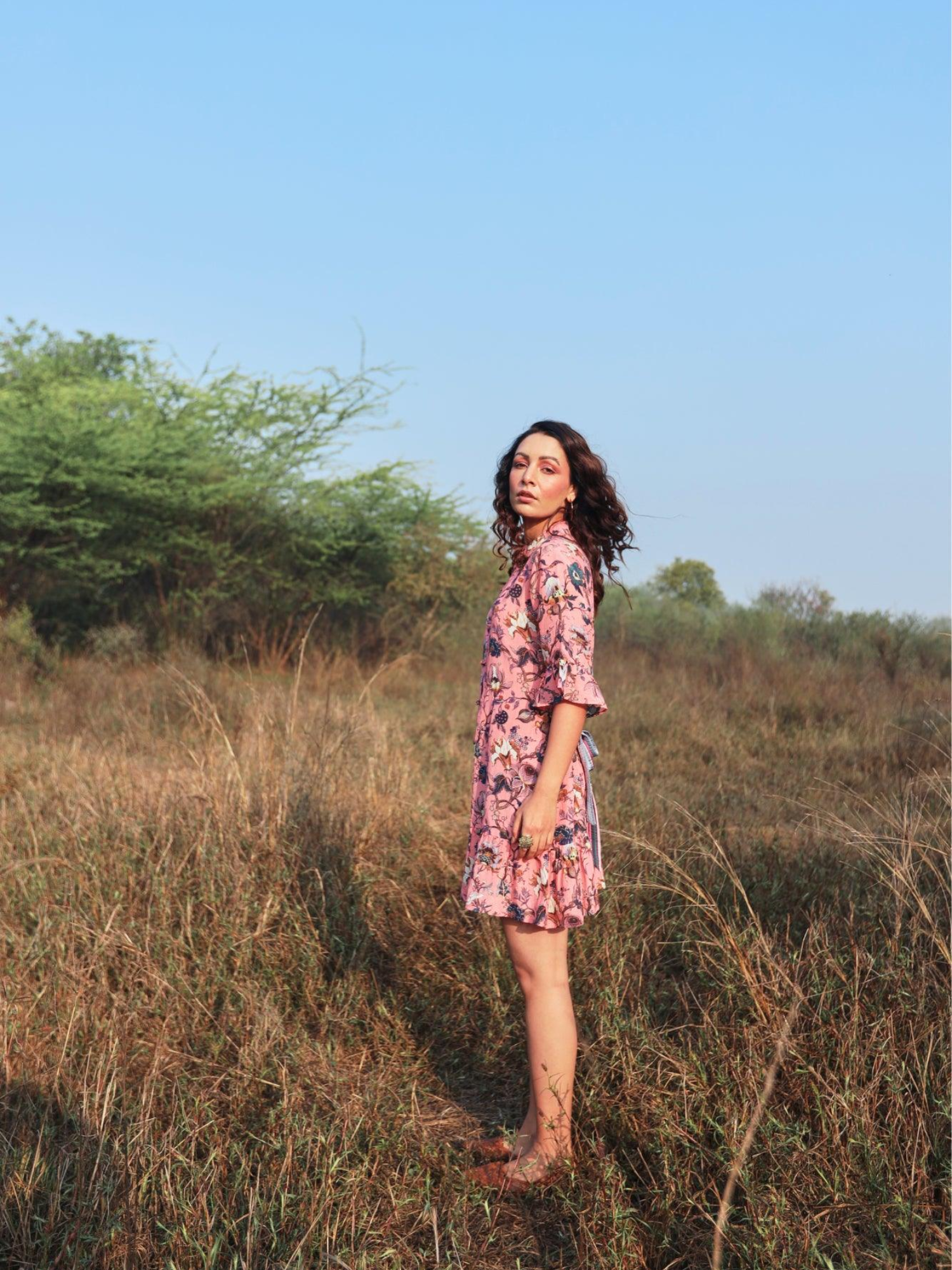 Rose Pink Floral Mandarin Collar Dress With Belt