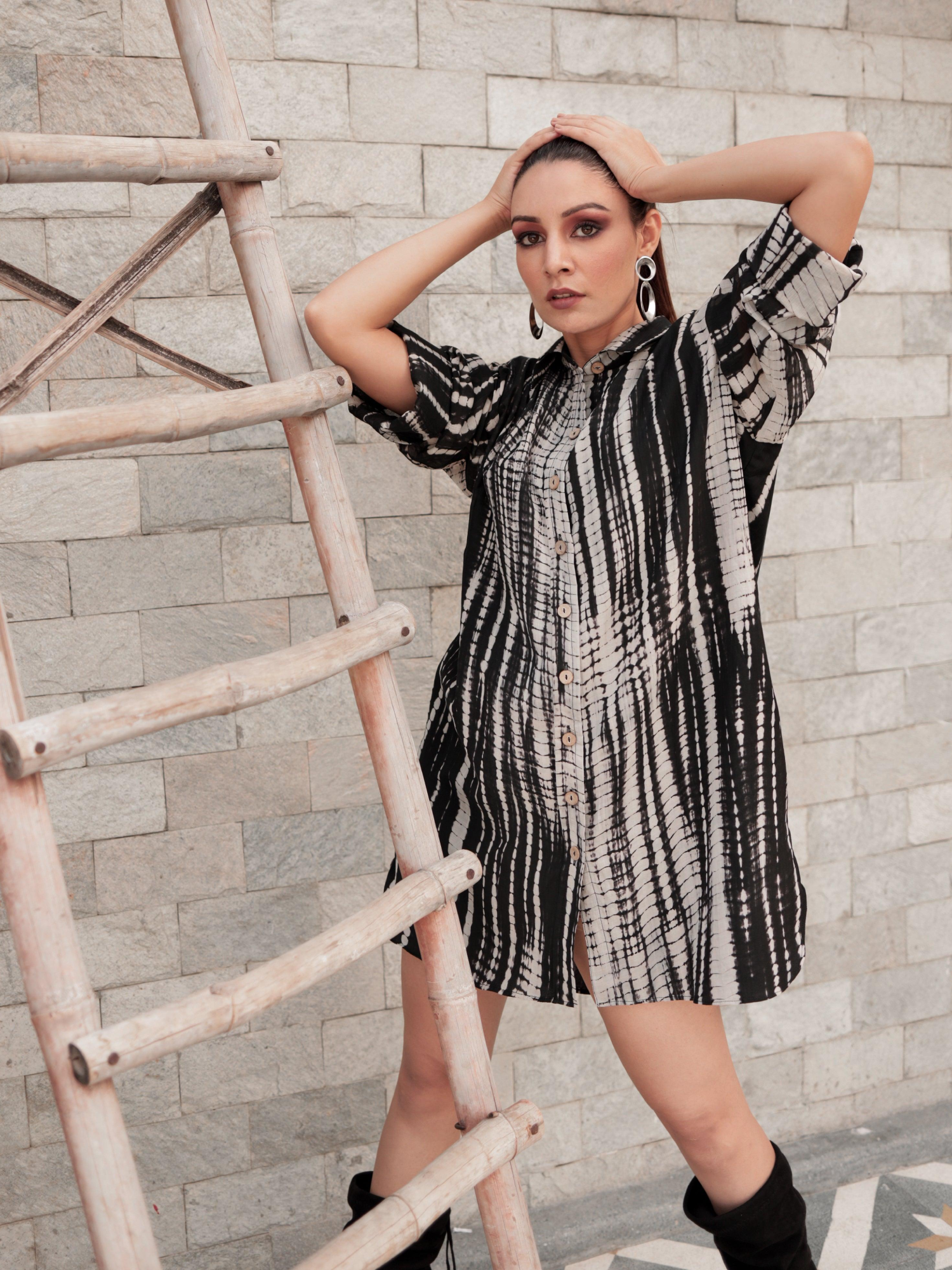 Black Tie Dye Oversized Shirt Dress