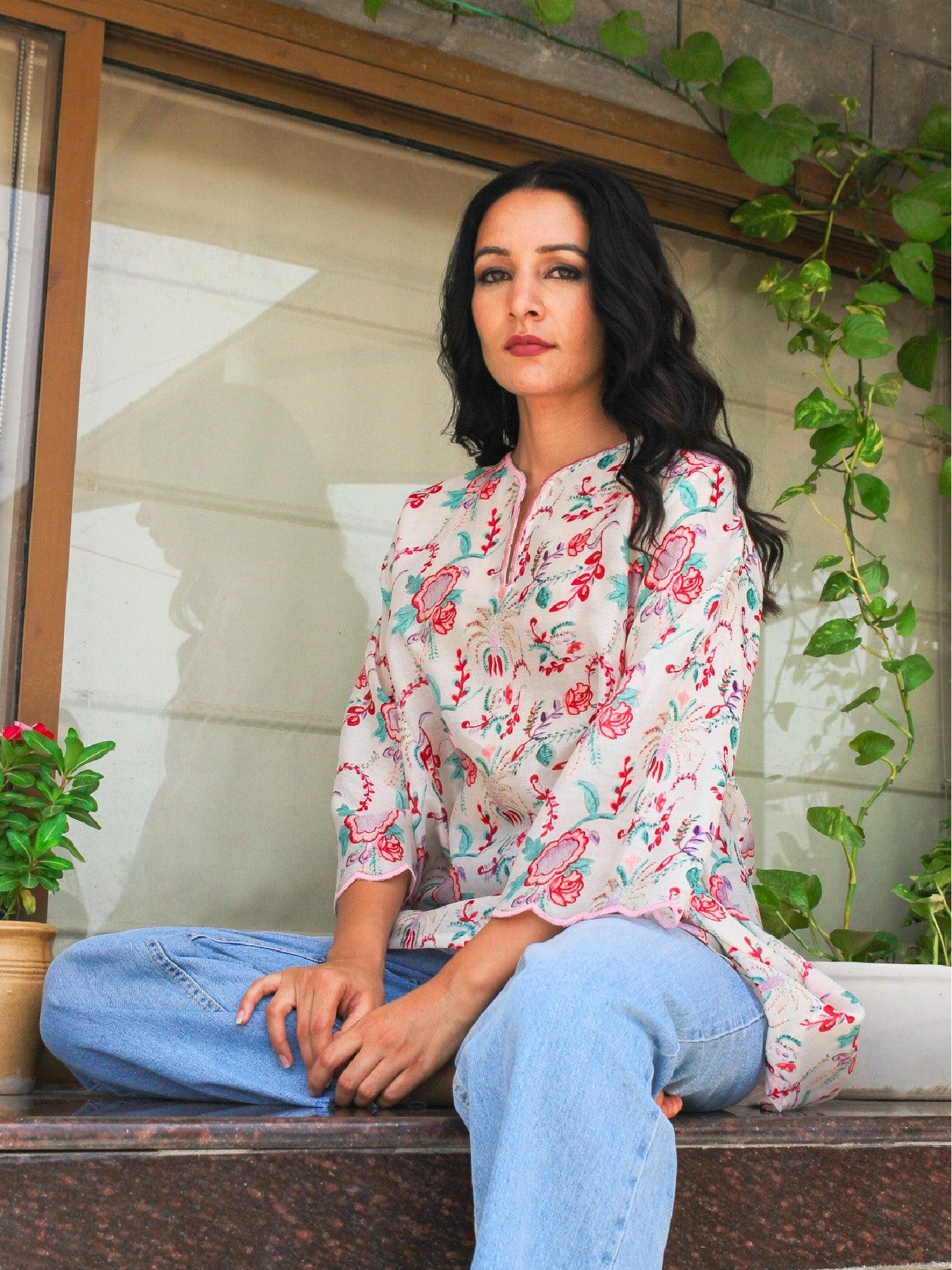 Ivory Floral Chanderi Kurta