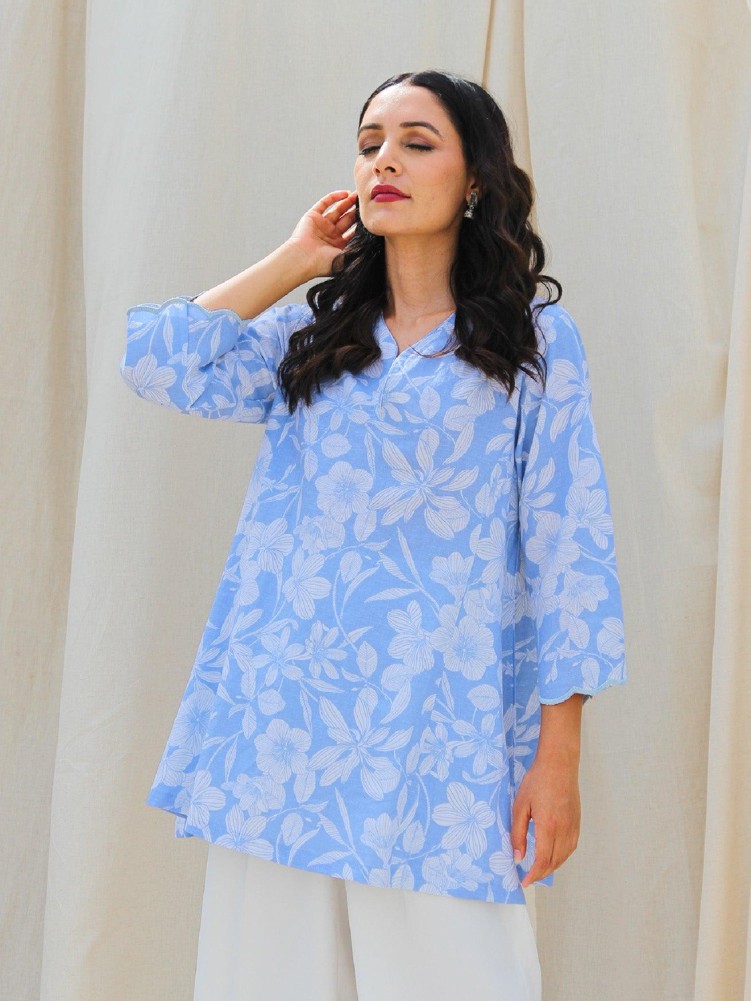 Sky Blue Floral Linen Kurta