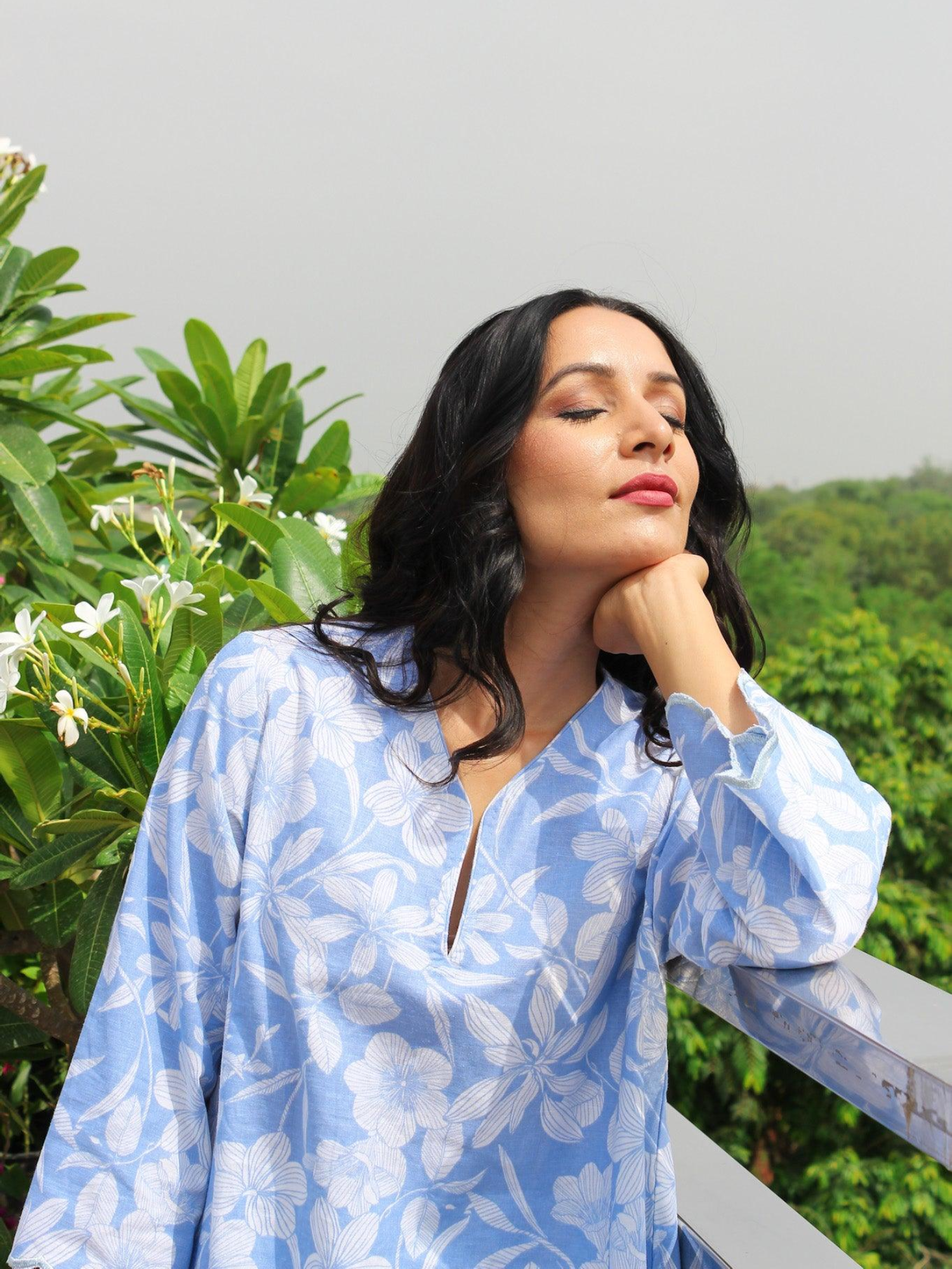 Sky Blue Floral Linen Kurta