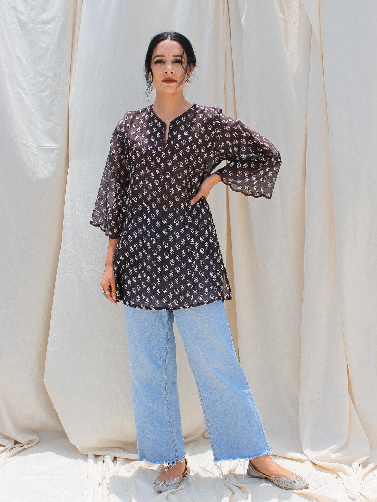 Black Block Print Chanderi Kurta