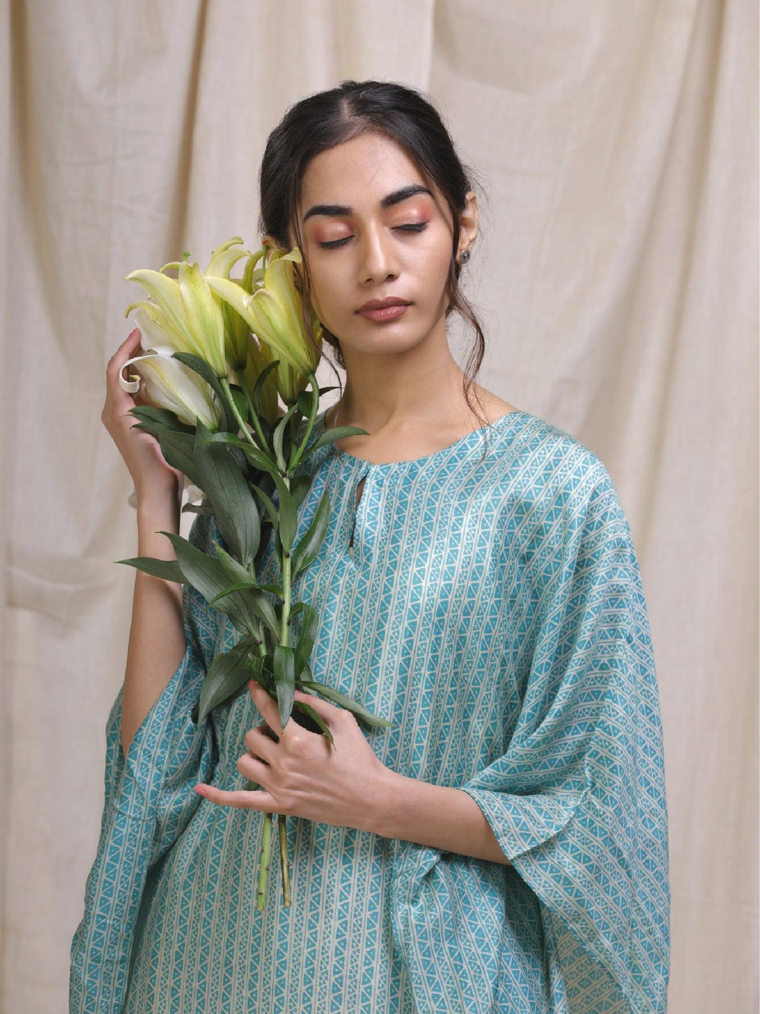 Teal Cotton Silk Kaftan