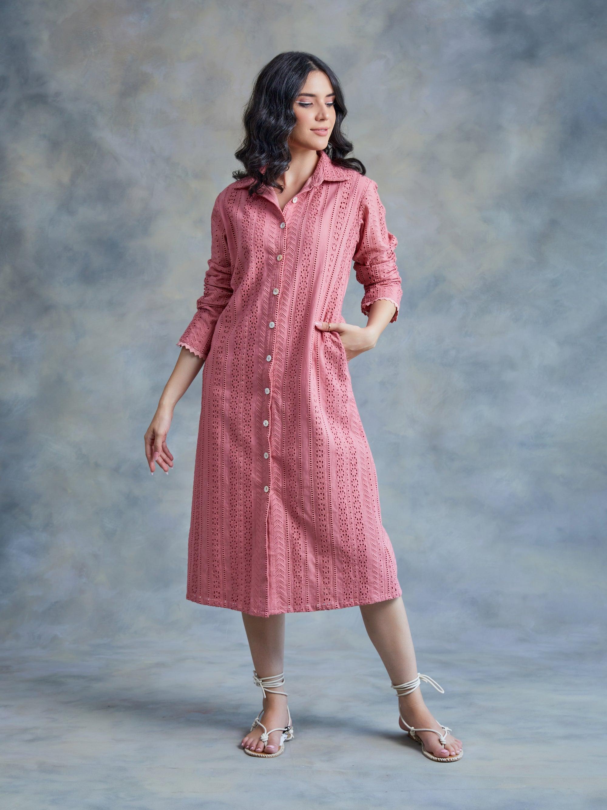 Salmon Cut Work Midi Shirt Dress - Kapaas