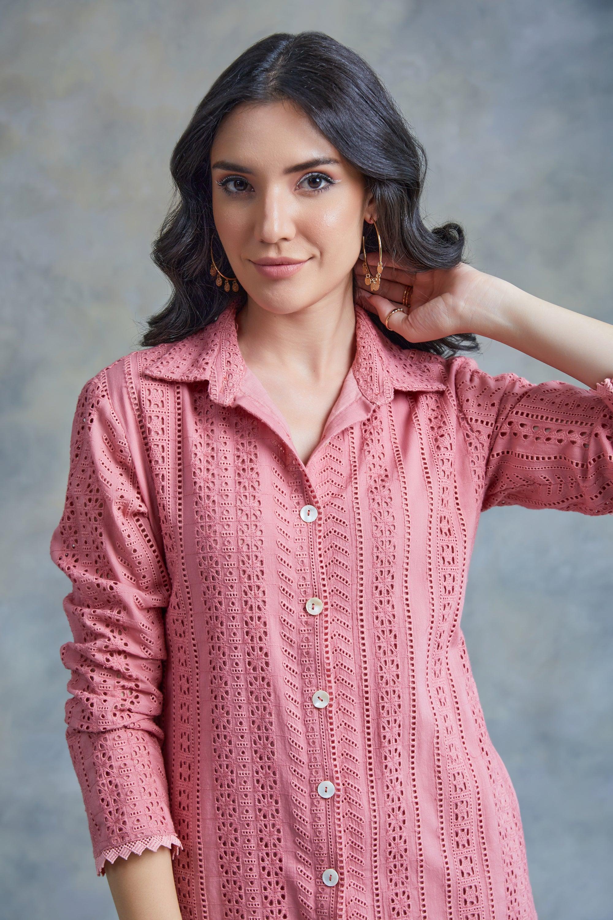 Salmon Cut Work Midi Shirt Dress - Kapaas