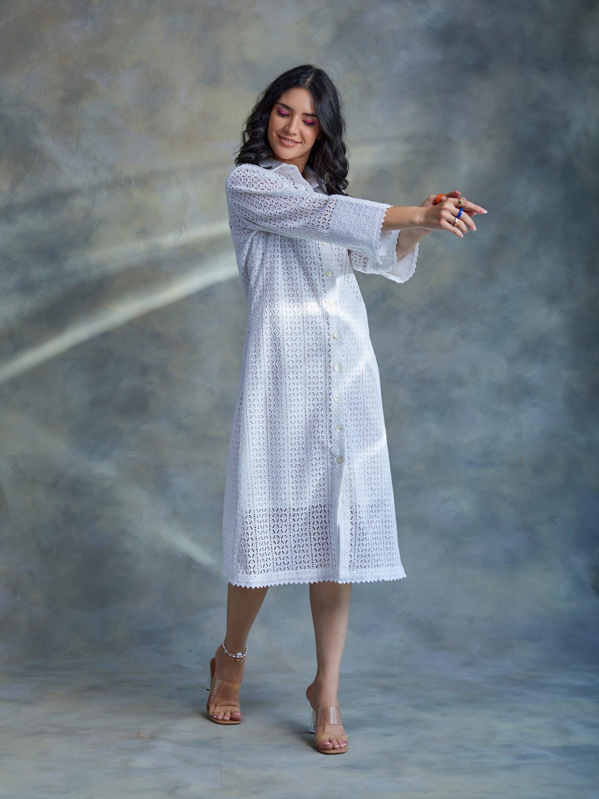 White Cut Work Midi Shirt Dress - Kapaas