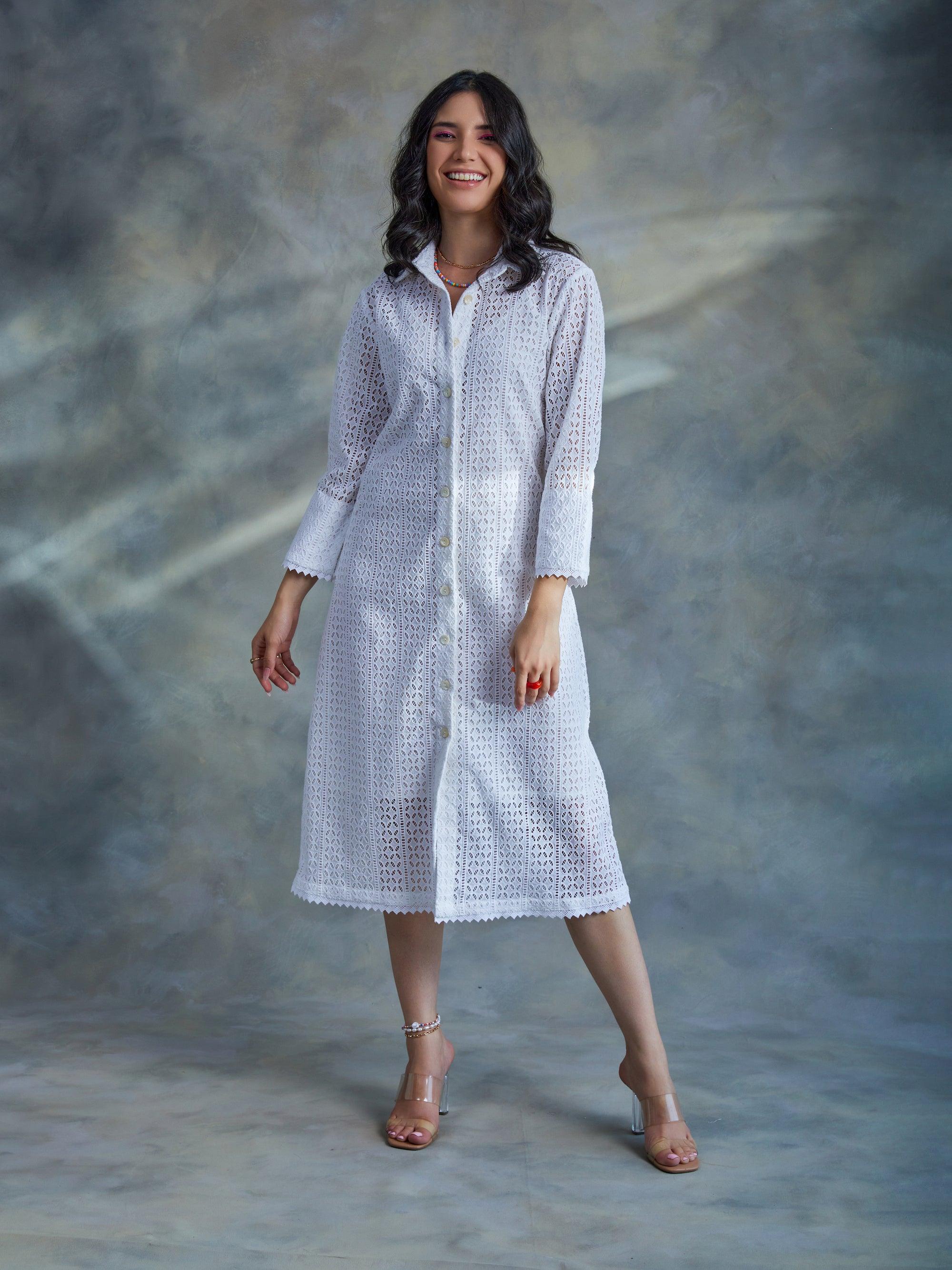 White Cut Work Midi Shirt Dress - Kapaas